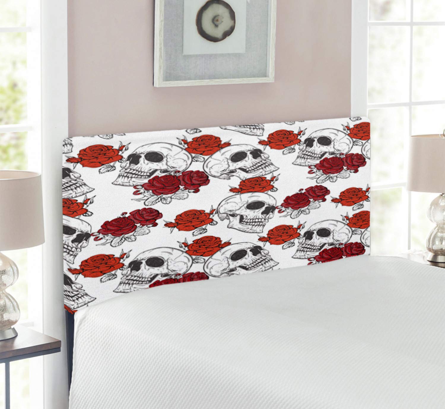 Ambesonne Gothic Skull Headboard - Retro Dead Head Skeleton with Roses Design, Upholstered Metal Bed Frame with Memory Foam - Twin Size Grey - Perfect for Halloween Decor, Gothic Bedroom Theme & Spooky Romantic Home Decor