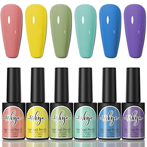 Fiskya 6 Colors Gel Nail Polish Set - Pastel Pink, Yellow, Olive Green, Aqua Blue & Purple | Soak Off UV LED Polish (10ml) for DIY Nail Art & Home Manicure | Perfect for Spring Nails, Bridal Parties & Salon Quality Results