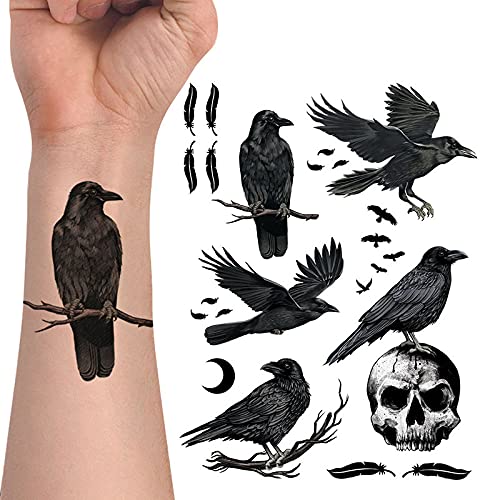 WIRESTER Temporary Tattoo Stickers for Girls, Boys, Kids & Adults - Fake Tattoos for Face, Hand, Neck & Wrist - Ravens and Crows Design - 6 x 7.87 Inch Tattoo Sheets - Perfect for Parties, Halloween, Cosplay & Body Art