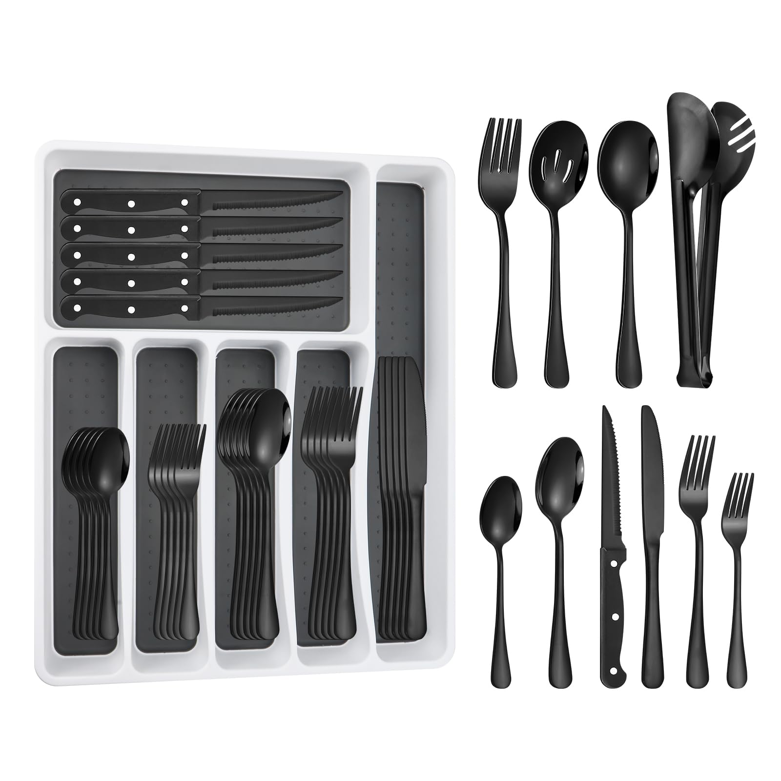 53-Piece Stainless Steel Flatware Set for 8 - Black Silverware Set with Steak Knives, Spoons, Forks & Serving Utensils - Includes Cutlery Drawer Organizer - Mirror Polished - Perfect for Dinner Parties, Restaurants & Home Dining