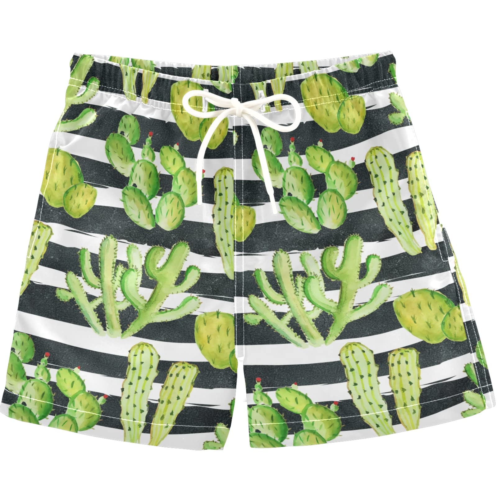 Visesunny Boys Swim Trunks - Watercolor Cactus Print with Black & White Stripes, Toddler Bathing Suits for Kids, Baby Boy Swimwear | Perfect for Pool, Beach & Summer Water Activities
