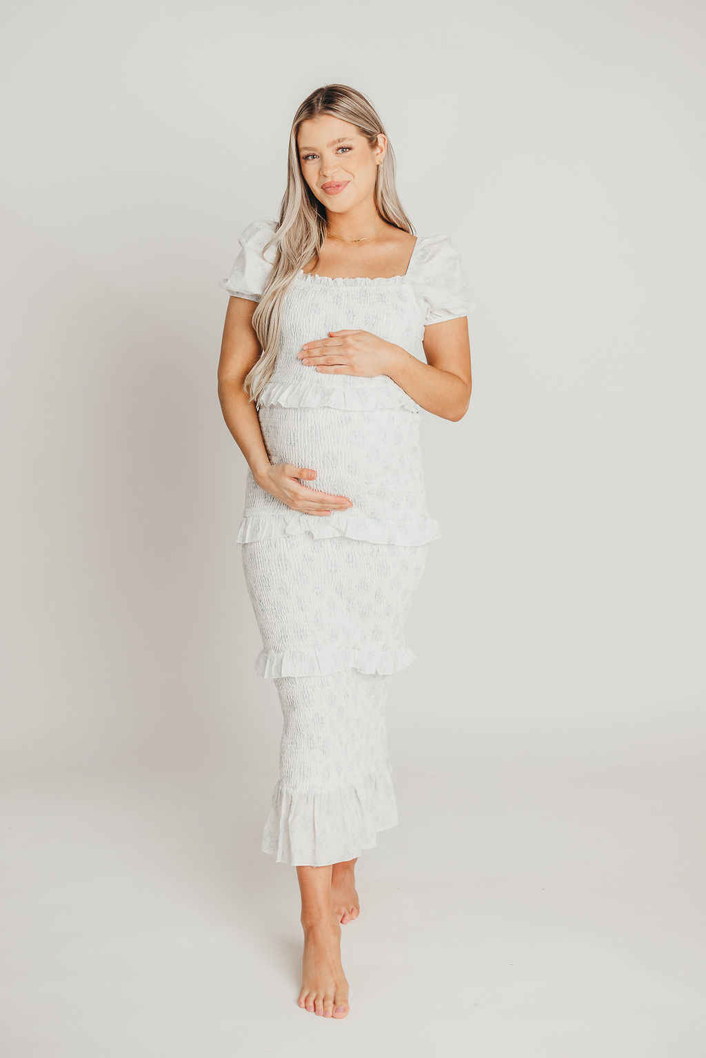 Ada Smocked Dress in Blue Floral - Bump Friendly Maternity Dress with Inclusive Sizing (S-3XL) | Perfect for Baby Showers, Bridal Events & Summer Weddings
