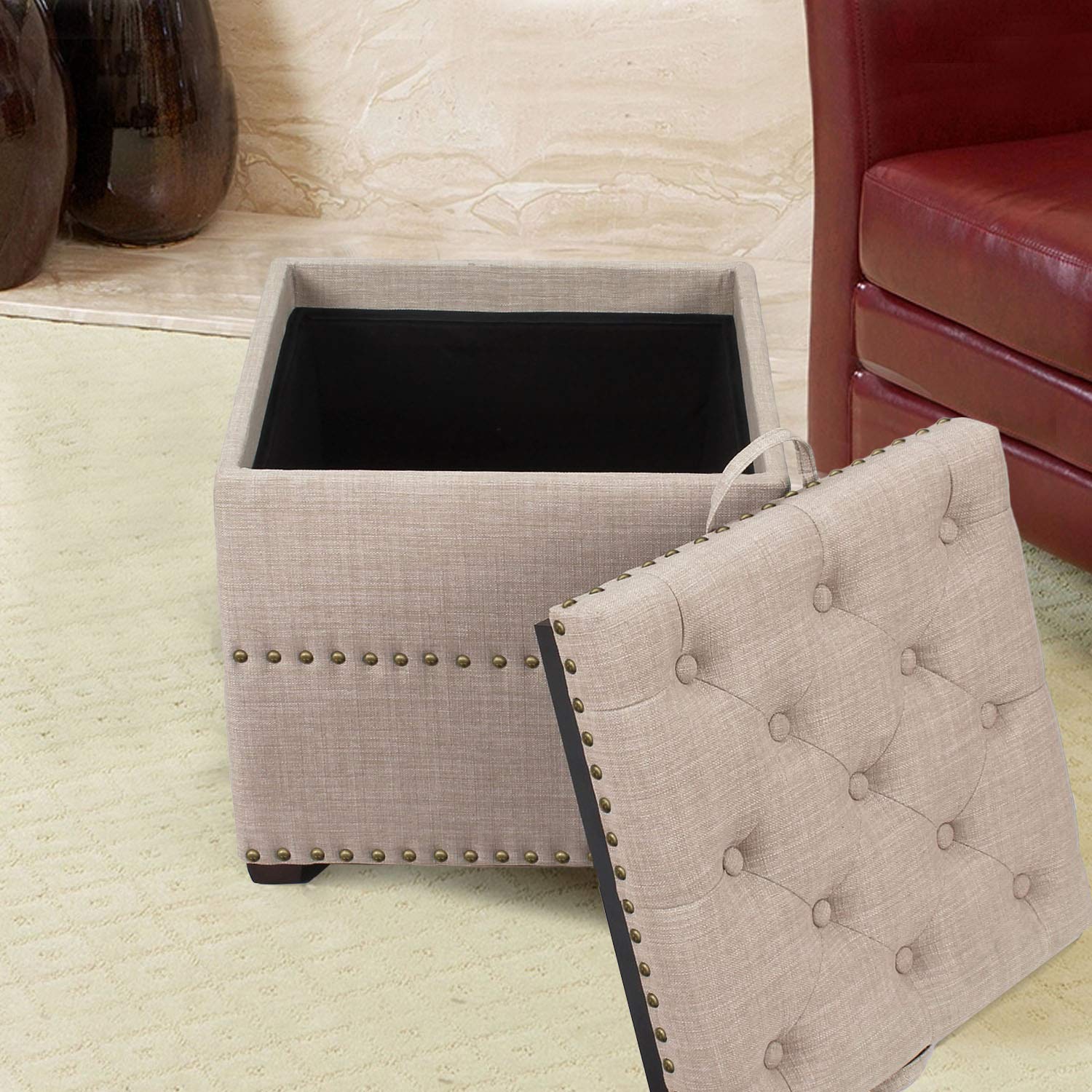 Square Storage Ottoman Bench with Removable Tray - Upholstered Foot Stool with Nailhead Trim in Beige - Perfect for Living Room, Bedroom & Entryway Organization