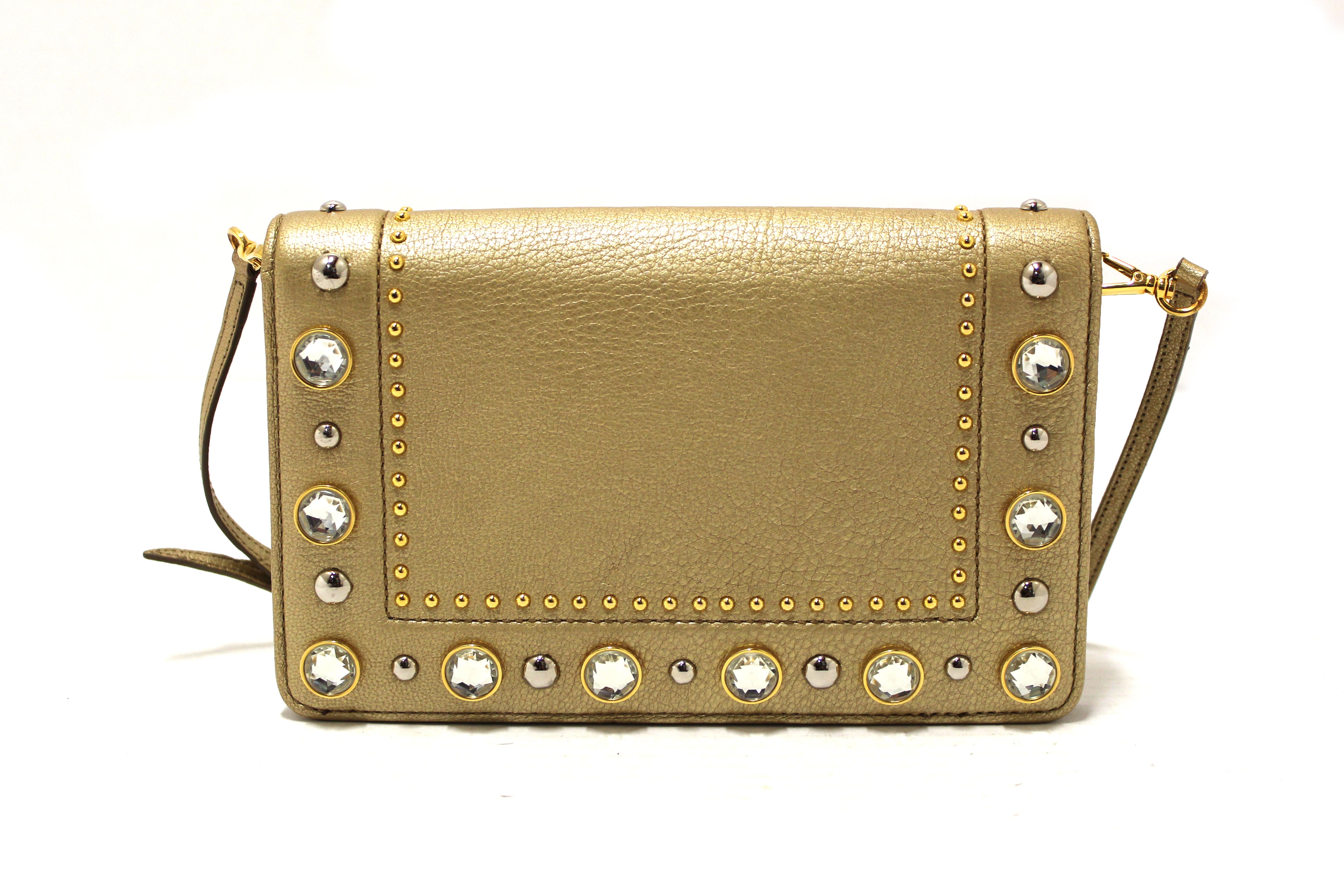 Authentic Miu Miu Crystal Embellished Gold Leather Wallet Bag - Luxury Women's Clutch for Evening Parties, Weddings & Special Occasions