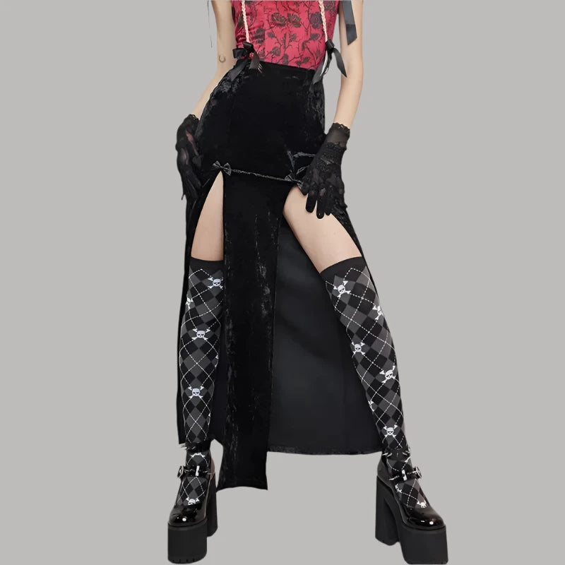 Gothic Punk High Waist Long Skirt for Women - Winter Velvet Black Sexy Skirt with Double Slit | Alt Fashion A-Line Maxi Skirt | Perfect for Gothic Parties, Concerts, and Dark Fashion Outfits (Style P80 CZ22)