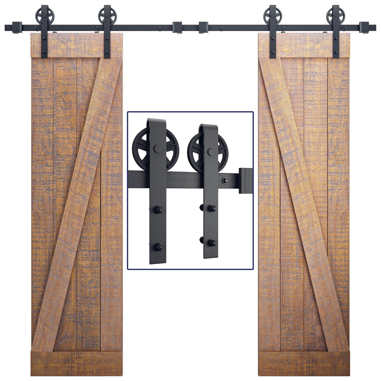 SMARTSTANDARD 8ft Sliding Double Barn Door Hardware Kit - Heavy Duty Industrial Design for Smooth & Quiet Operation - Includes Step-by-Step Installation Guide - Fits 24