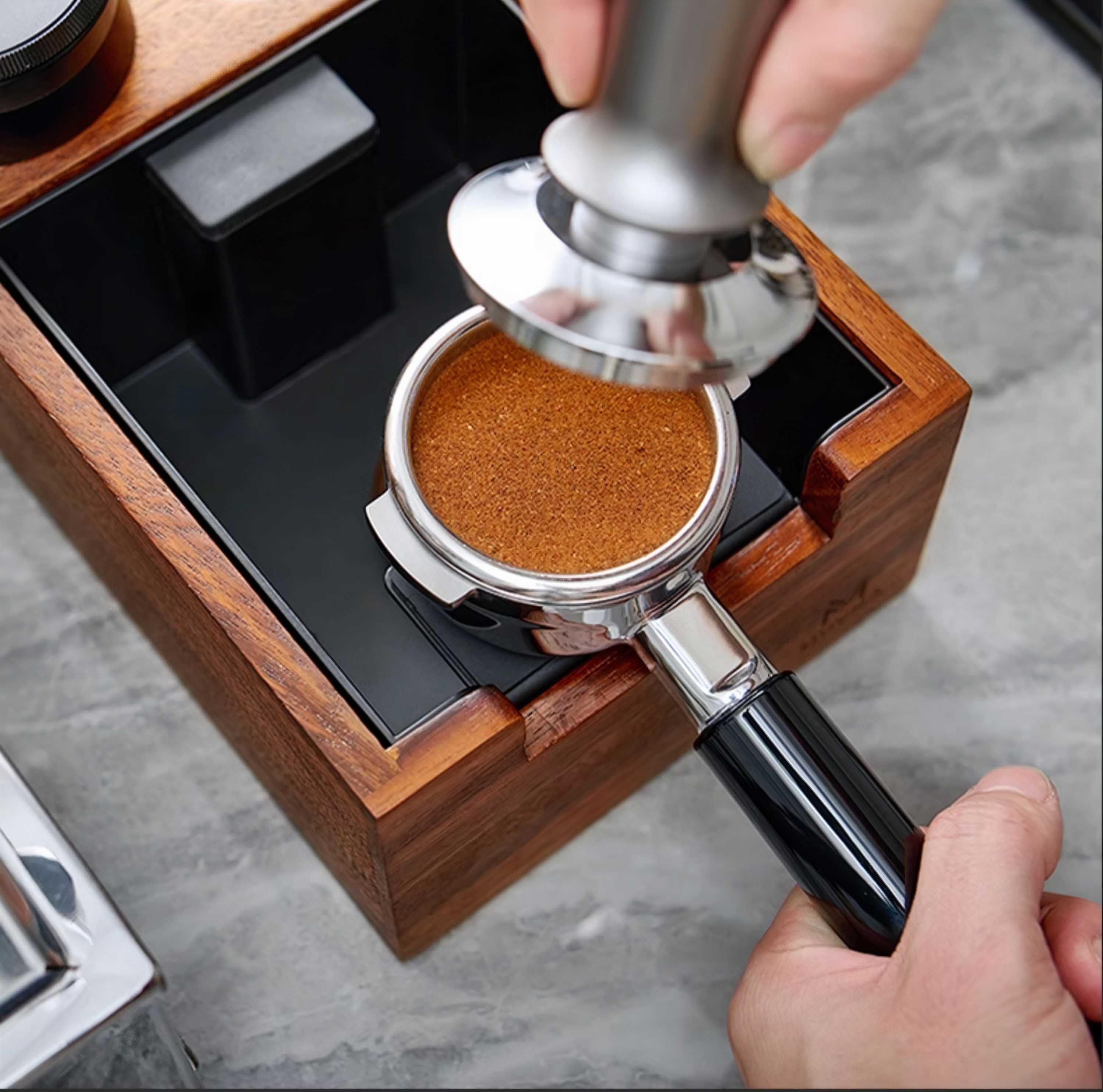 Premium Wooden Coffee Tamper Station with Built-in Knock Box - Barista-Grade Espresso Accessory for Home & Professional Use - Perfect for Coffee Shops, Kitchens & Gifts