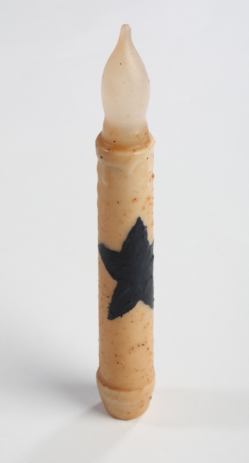 Set of 2 Primitive Battery Operated Wax-Dipped Taper LED Candles with Black Star Design - Perfect for Halloween, Christmas Decor, and Farmhouse Style Home Décor