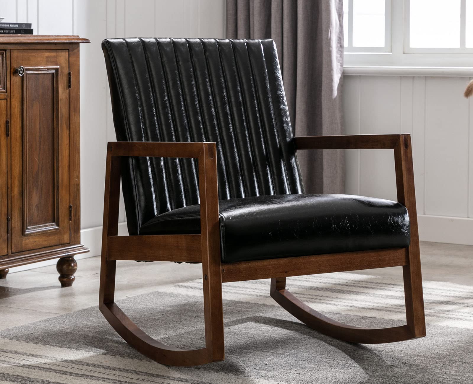VESCASA Mid-Century Modern Upholstered Rocking Chair - Channel-Tufted Back, Oil Wax PU Leather & Black Walnut Wood Frame - Comfortable Nursery, Living Room, Bedroom Rocker (Black) | Perfect for Nursing, Relaxing & Home Decor