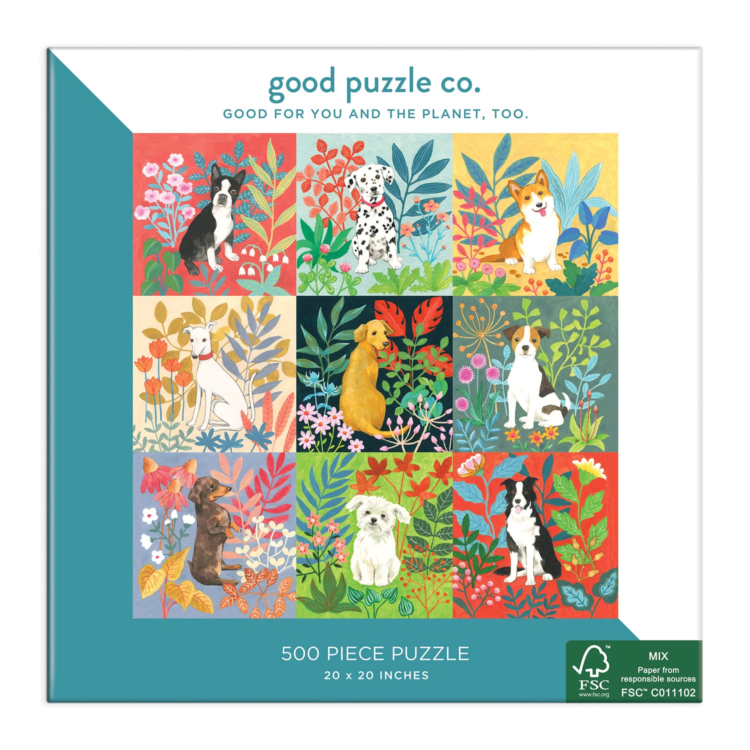 Premium 500-Piece Jigsaw Puzzle - Dogs & Flowers by Good Puzzle Co | Fun Family Activity, Home Decor & Gift Idea for Puzzle Lovers