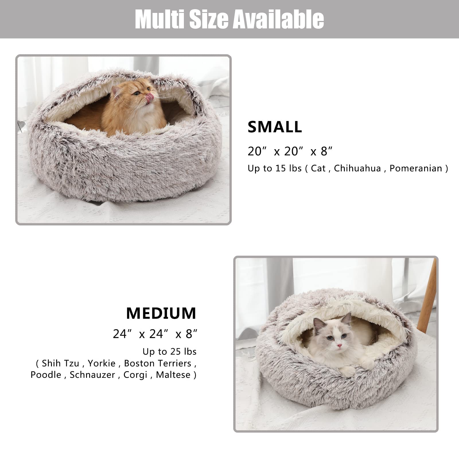 Calming Dog Bed & Cat Cave with Removable Hooded Cover - Washable Round Pet Bed for Small to Medium Pets (15-25 lbs) - Anti-Slip Faux Fur Fluffy Bed for Better Sleep - Perfect for Anxiety Relief & Cozy Napping (20