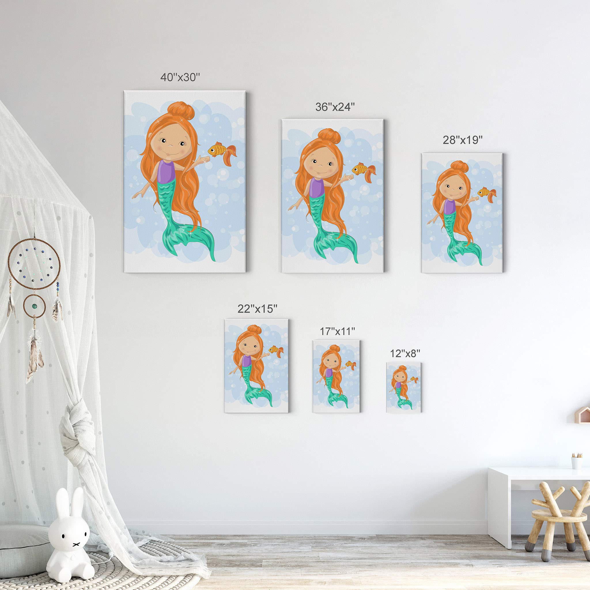 Cute Mermaid Canvas Print - Smile Art Design Kids Room Decor, Nursery Wall Art with Fish & White Background, Ready to Hang (36x24) - Perfect for Baby Rooms, Playrooms & Under-the-Sea Themed Decor | Made in USA