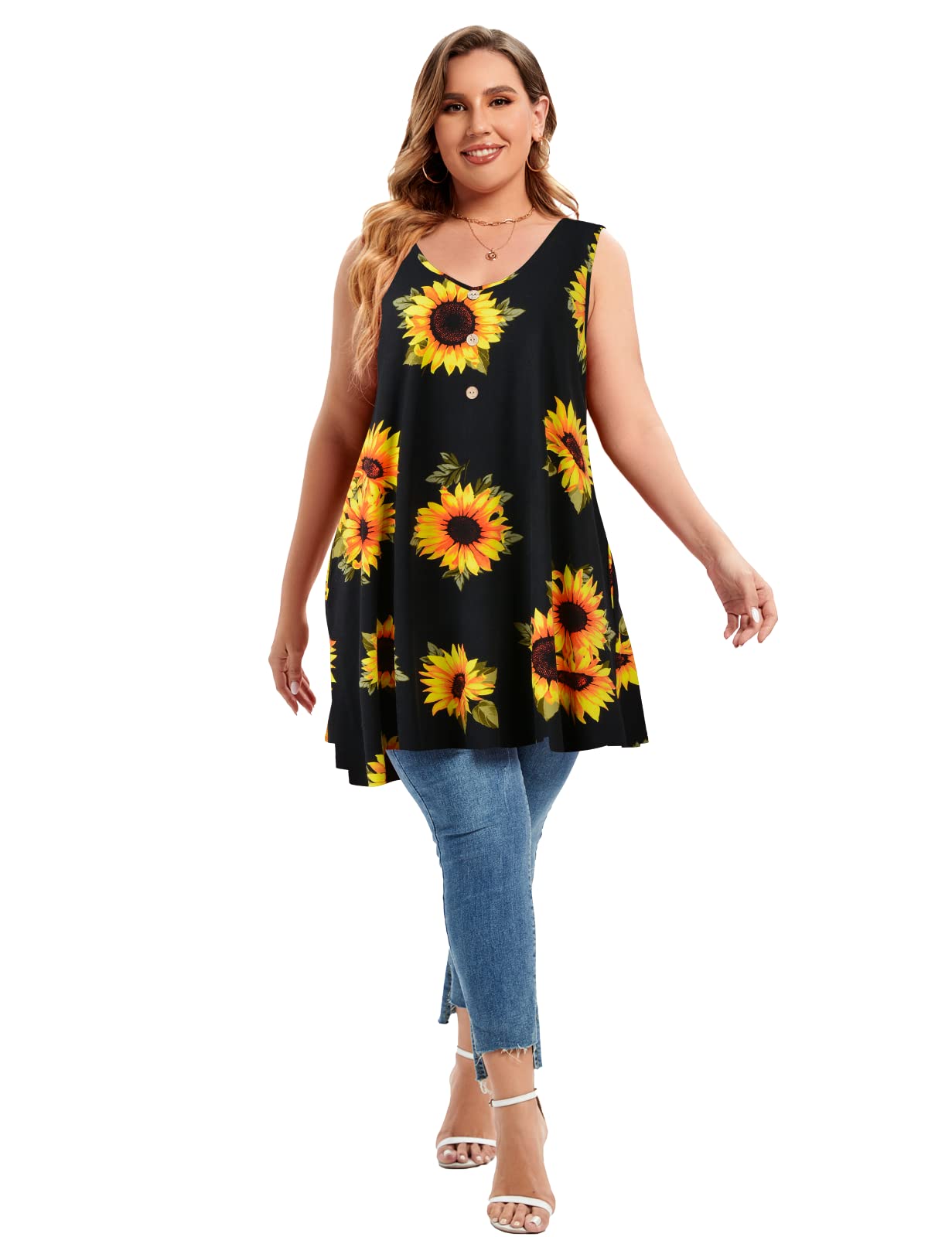 MONNURO Plus Size Women's V Neck Button Down Tank Top - Casual Flowy Sleeveless Summer Tunic Shirt for Beach, Travel & Everyday Wear