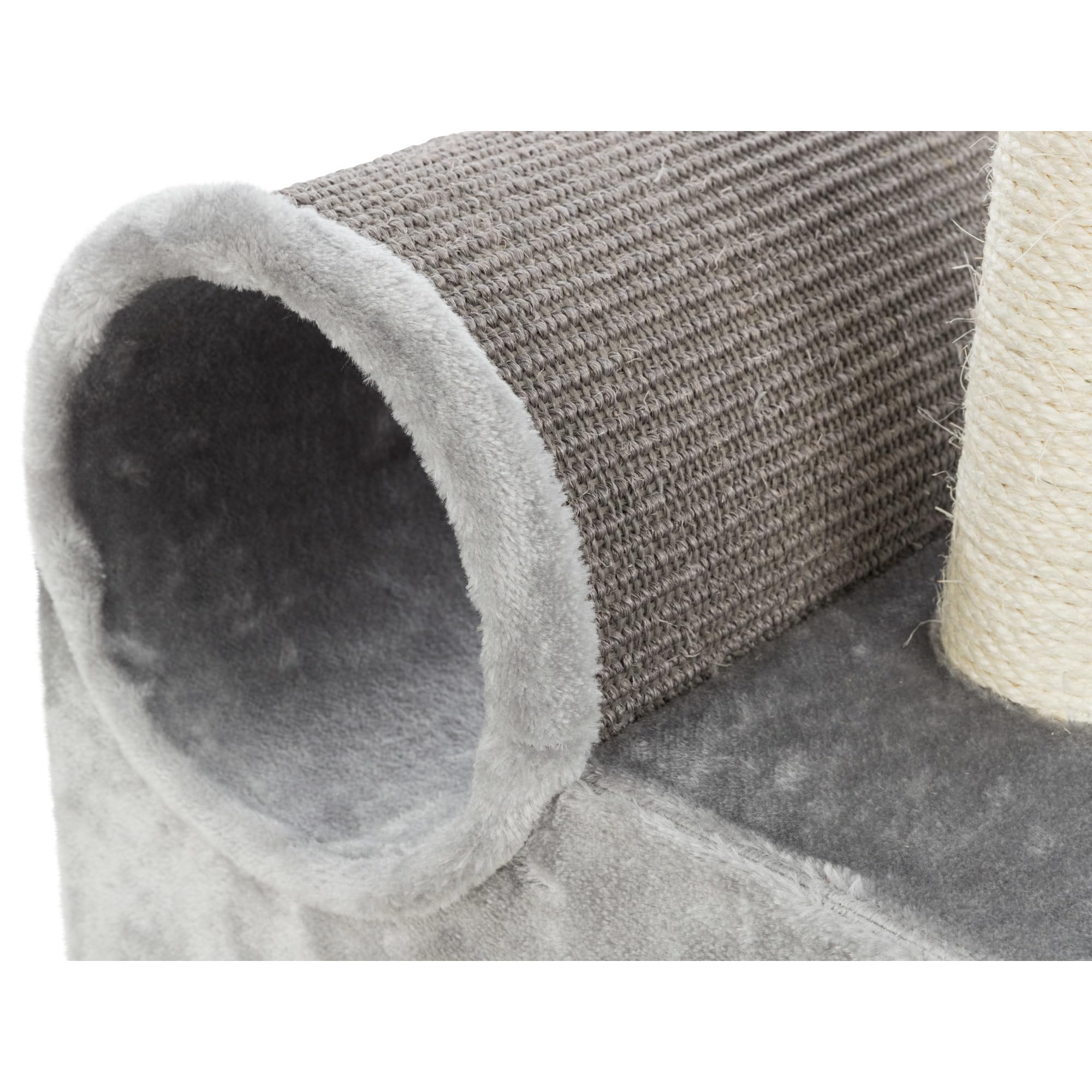 TRIXIE 31.5 Inch Cat Scratching Post with Sisal Rope - Multi-Level Cat Tree with Tunnel, Condo, Platform & Removable Cushion - Includes Dangling Toy for Indoor Cats - Gray Cat Furniture for Play & Relaxation