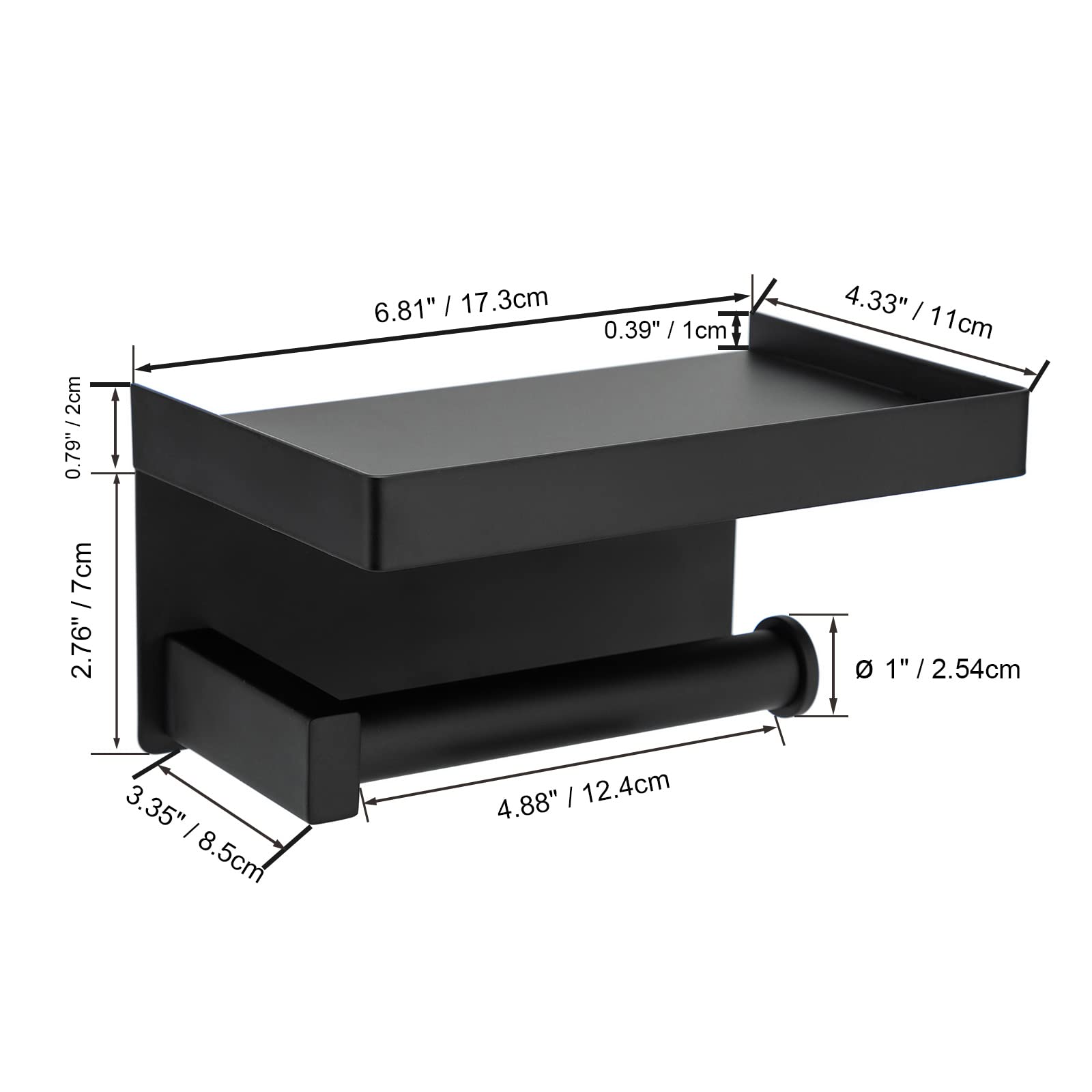 Premium SUS304 Stainless Steel Toilet Paper Holder with Shelf - Matte Black Wall Mount Bathroom Tissue Roll Hanger - Strong Adhesive & Durable for Home, Office, Hotel Restroom Organization