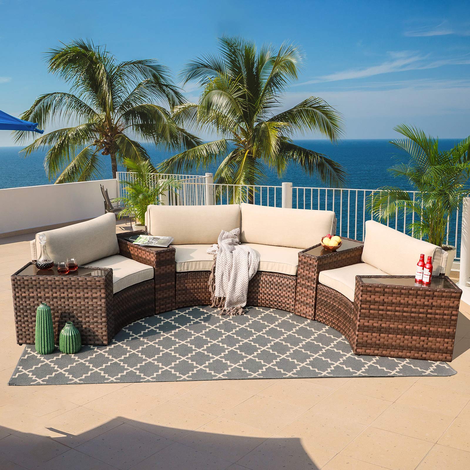 **SUNSITT 8-Piece Outdoor Patio Furniture Set - Half-Moon Curved PE Wicker Sectional Sofa with Beige Cushions, Brown Rattan Conversation Set for Garden, Poolside, Backyard & Patio Relaxation**