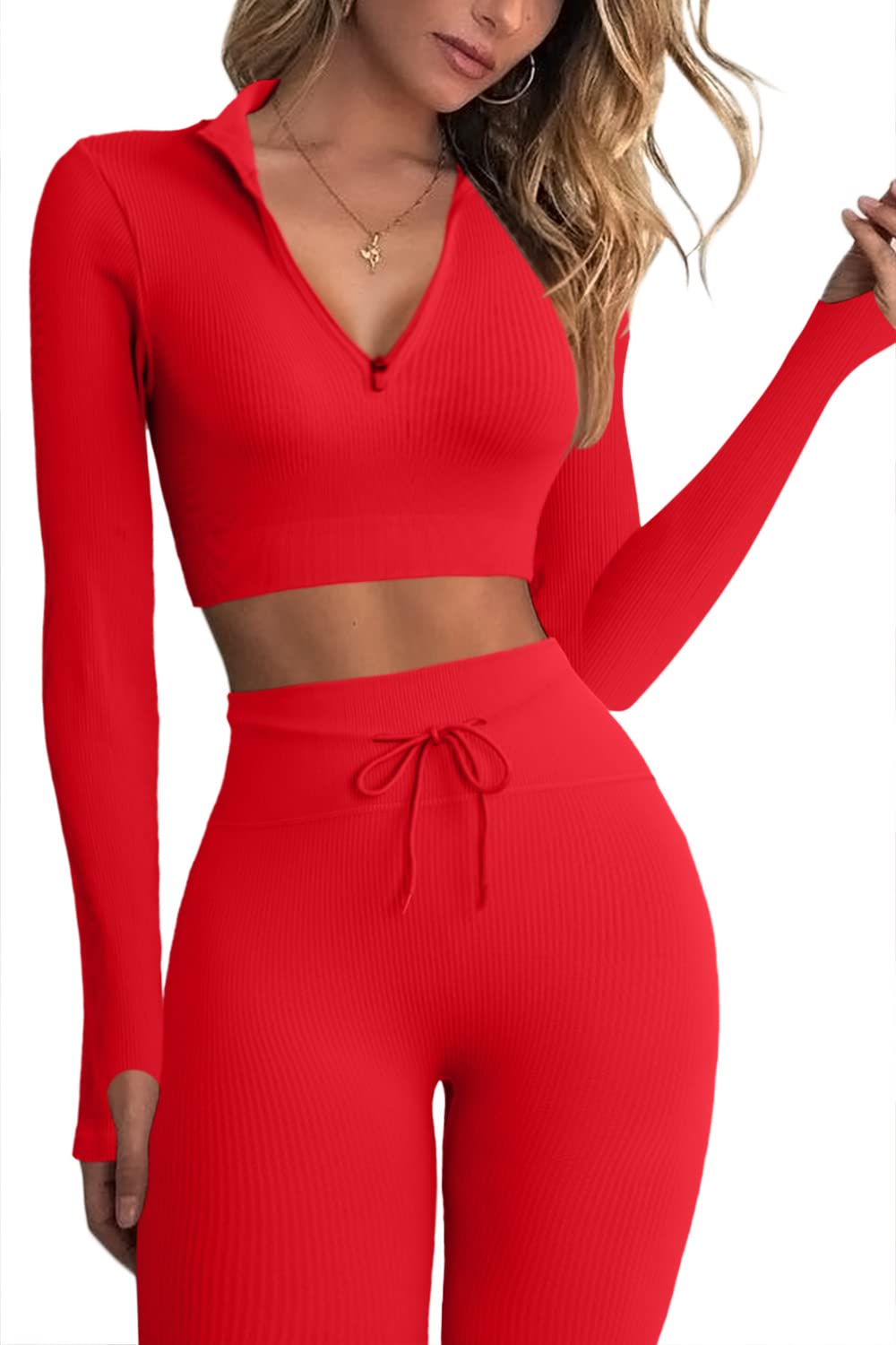 QINSEN Women's 2-Piece Seamless Workout Set - Long Sleeve Crop Top & High Waist Ribbed Leggings | Gym, Yoga, Running & Lounge Wear