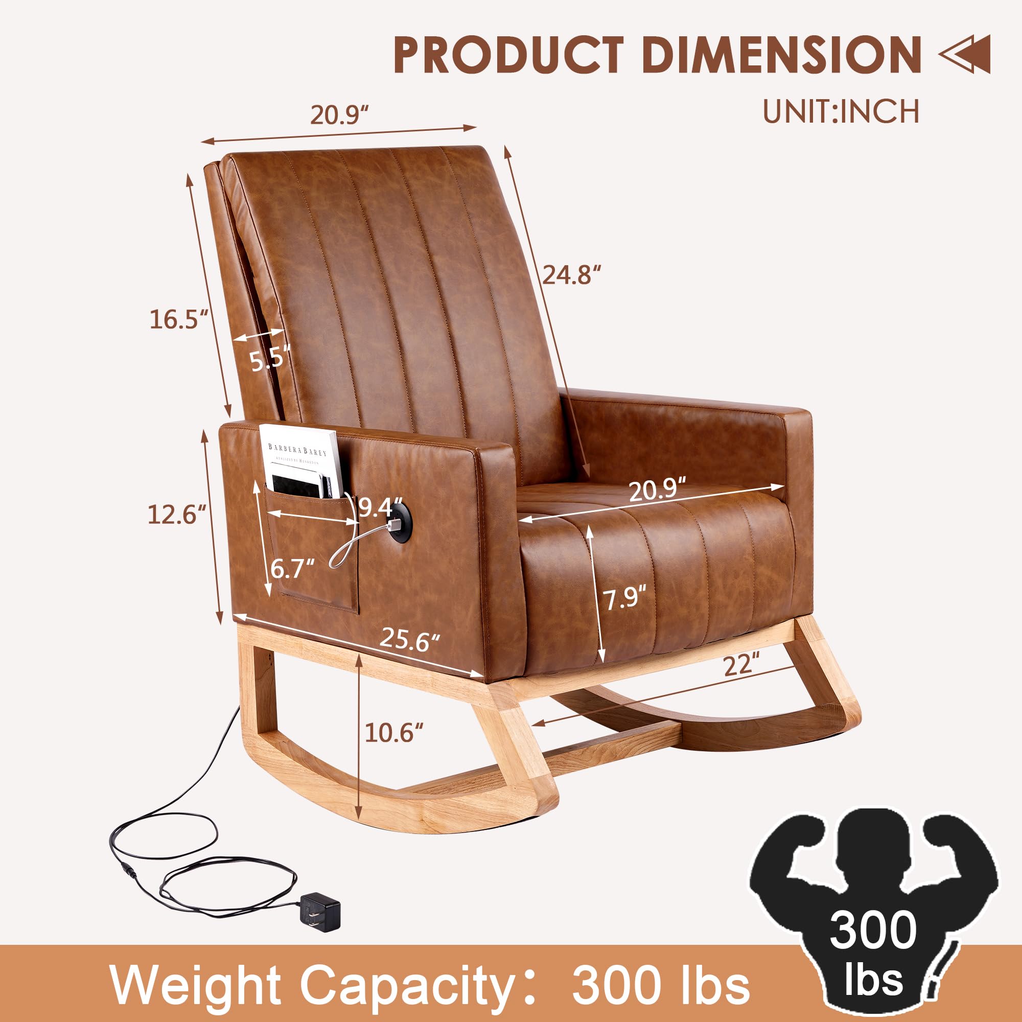 VECELO Modern Leather Rocking Chair with USB Port & Side Pocket - High Back Upholstered Nursery Glider Accent Rocker with Wood Legs for Living Room, Bedroom, Nursery - Perfect for Nursing, Relaxing & Reading (Brown)