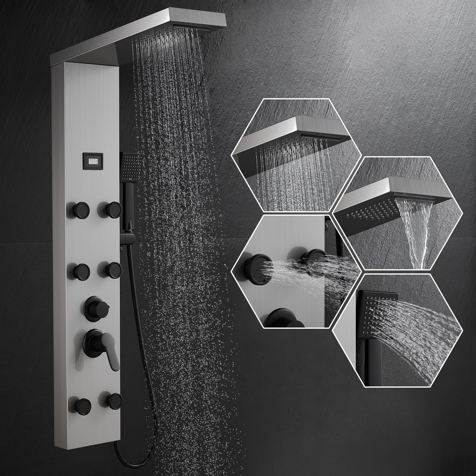 Premium Stainless Steel Shower Panel Tower System with Rainfall & Waterfall Shower Head - 6 Adjustable Body Jets, Hand Shower & Tub Spout - Brushed Nickel Finish for Luxurious Bathroom Upgrade | Perfect for Master Bath, Spa-Like Experience & Modern Home Renovation