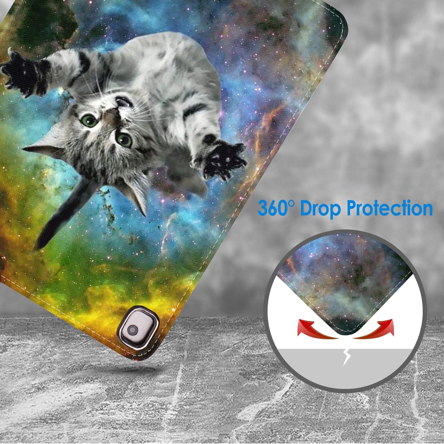 Premium Multi-Angle Folio Stand Case with Auto Wake/Sleep for Apple iPad 6th/5th Gen (2018/2017) & iPad Air/Air 2 - Galaxy Flying Cat Design - Perfect for Work, Study & Travel Protection (Includes Coasters)