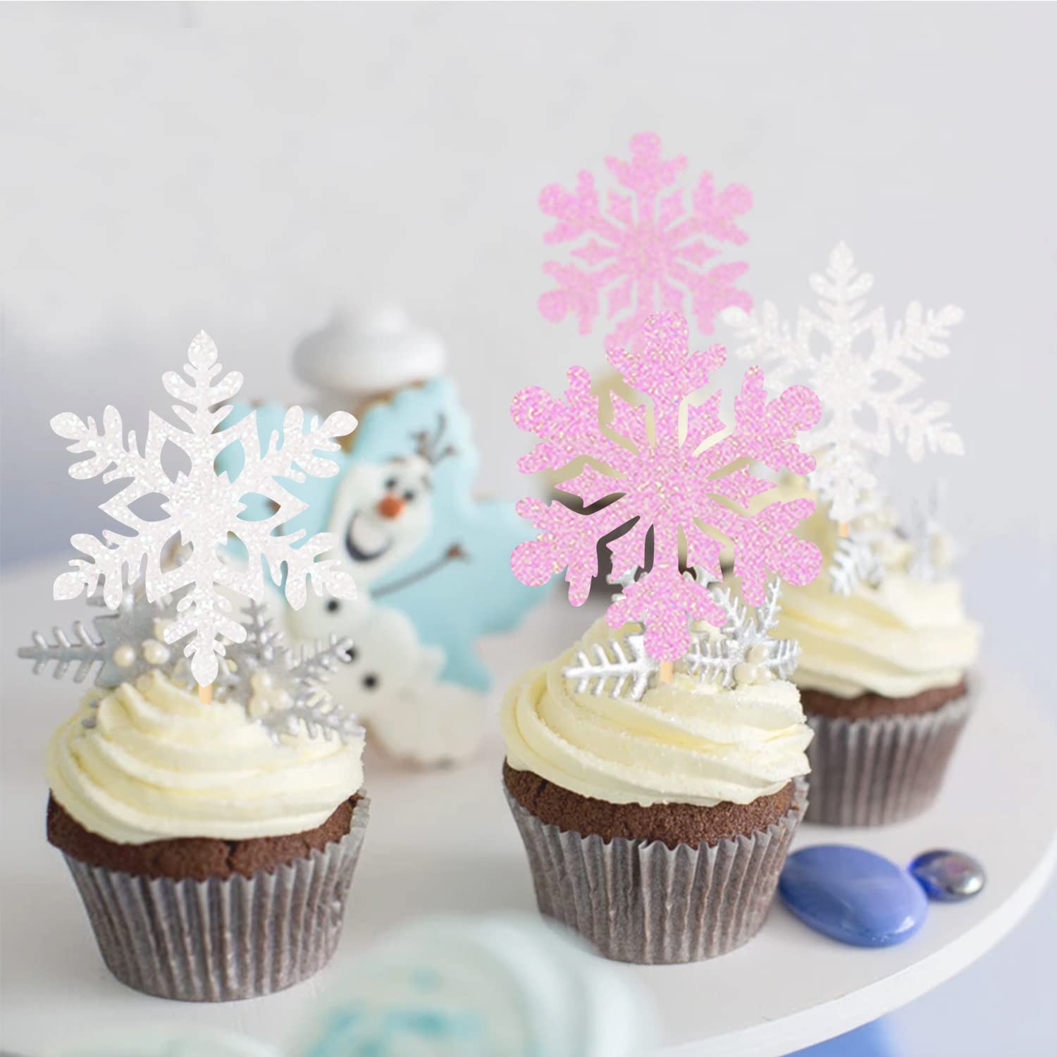 24 Pcs Glitter Snowflake Cupcake Toppers - Pink & White Edible Cake Decorations for Christmas, Baby Shower & Winter Party Decor | Perfect for Holiday Baking, Dessert Display & Festive Celebrations