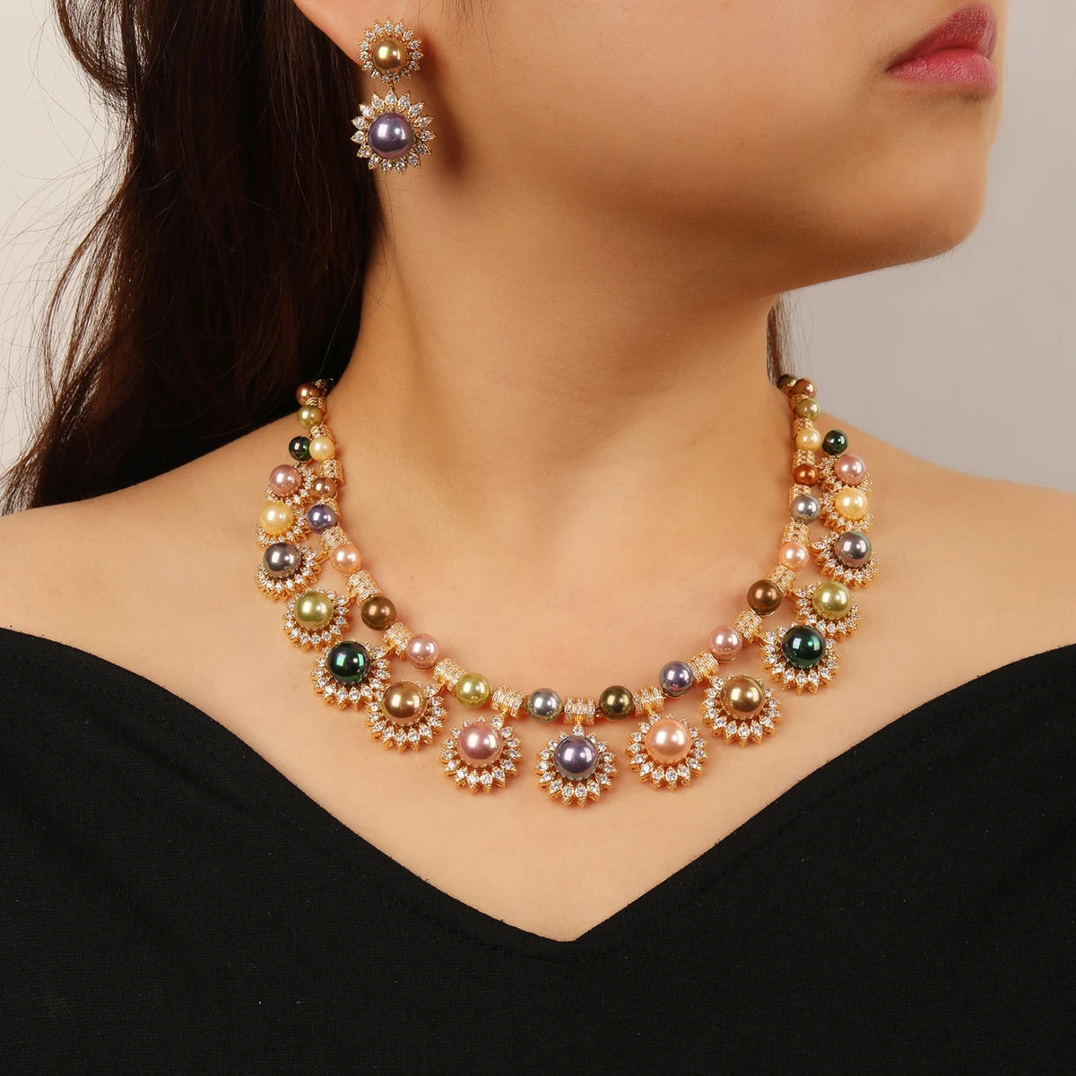 Luxury Crystal Zircon Pearl Flower Necklace for Women - Elegant Bridal Wedding Jewelry Set, Birthday Party Gift, Dubai Style (CN10894) | Perfect for Weddings, Anniversaries, and Special Occasions
