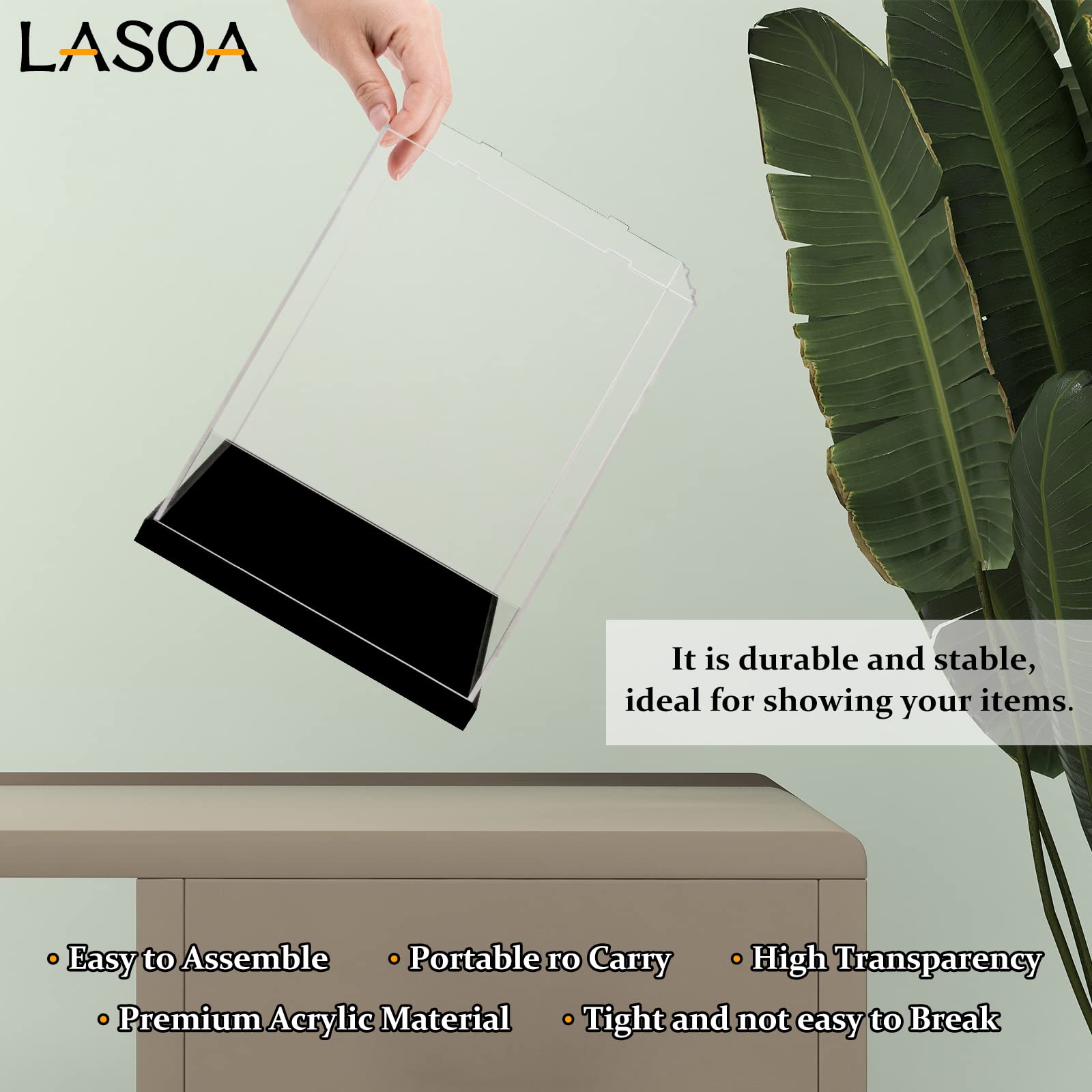 LASOA Acrylic Display Case with LED Lights - 12x12x12 Inch Clear Collectible Showcase Box for Figurines, Memorabilia & Action Figures - Black Base & Lid, Easy Self-Assembly - Perfect for Home Decor, Office Display & Gift Presentation (30x30x30cm)