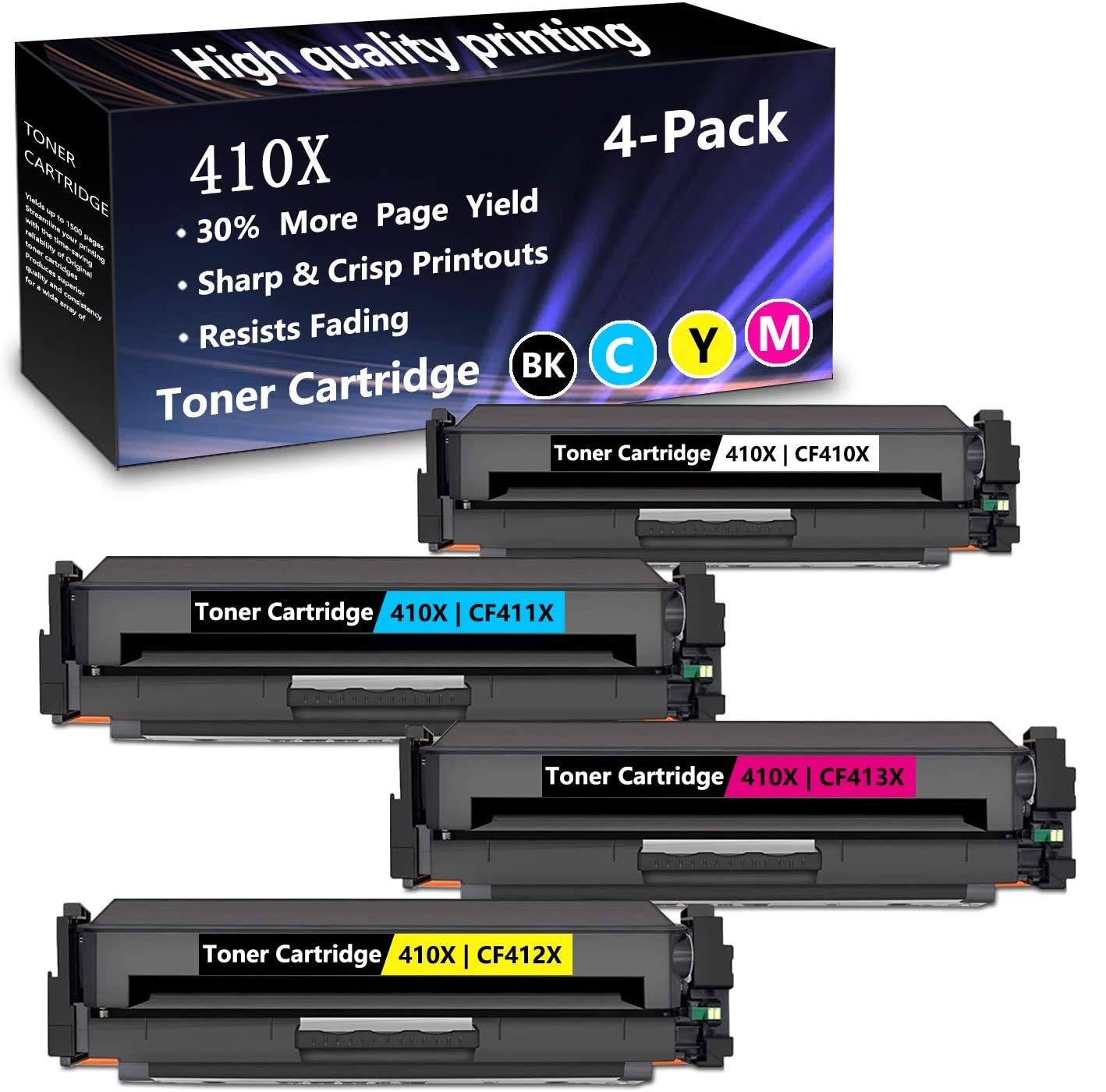 4-Pack (1BK+1C+1M+1Y) CF410X CF411X CF412X CF413X Compatible Toner Cartridge Replacement for HP Color Pro M7FP M477fdn M477fdw M477fnw M452dn M452dw M452nw MFP M377dw Printers - High Yield Printing for Office & Home Use