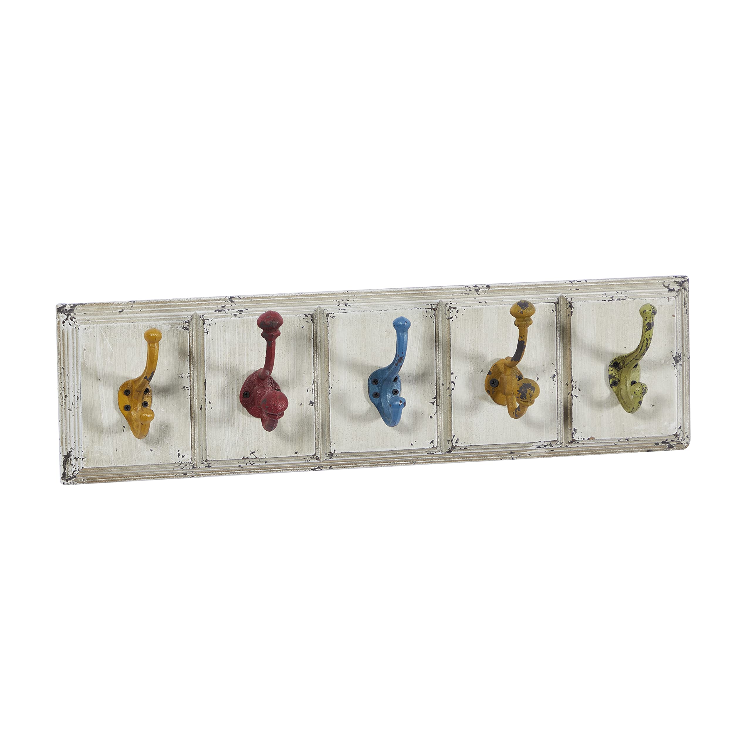 Deco 79 Wooden Wall Hooks with Multi-Colored Hangers - 5 Pack, 24