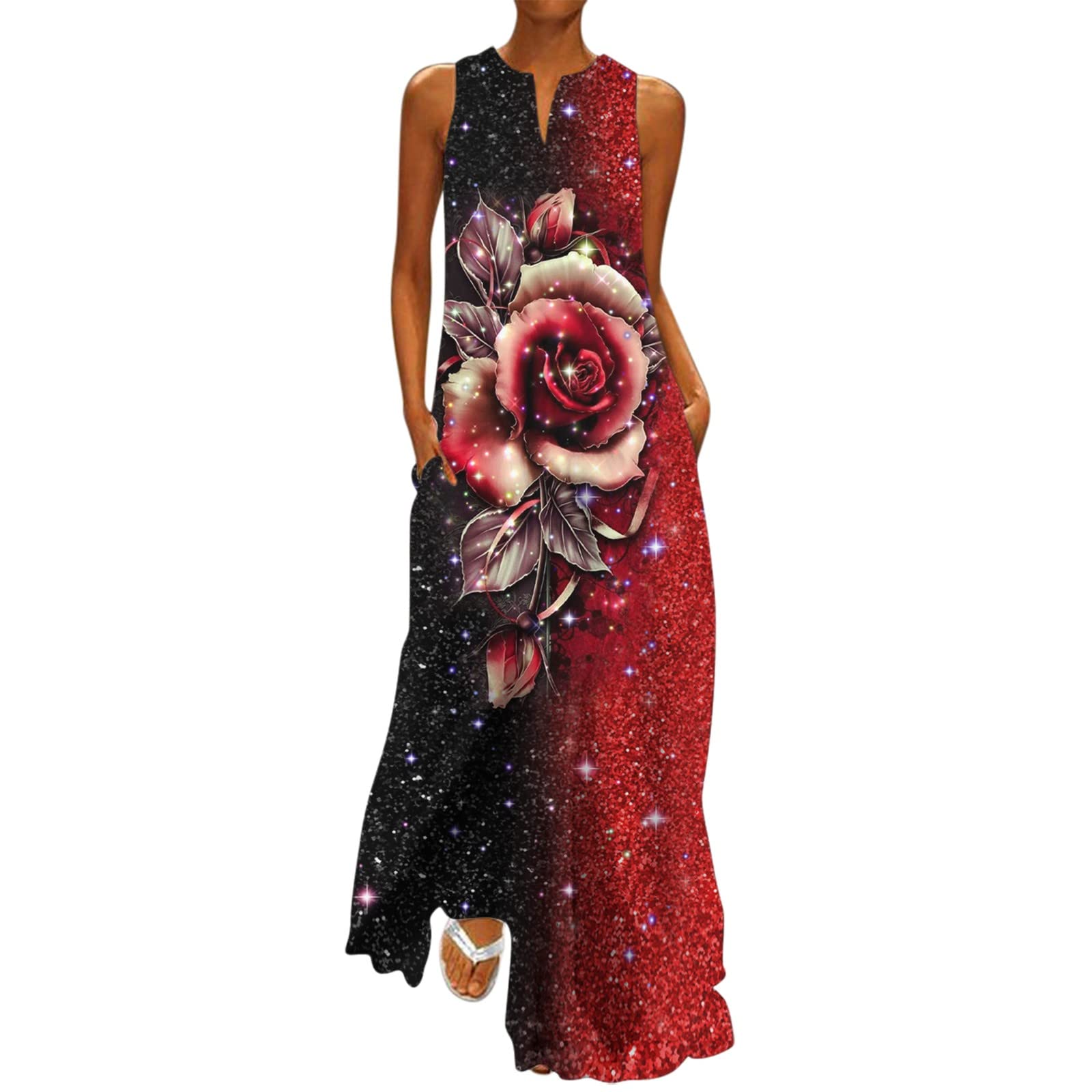 Women's Summer Sleeveless V-Neck Maxi Dress - Flowy Boho Print Beach Dress for Vacation, Party & Casual Wear | Knee-Length Loose Fit Pencil Dress