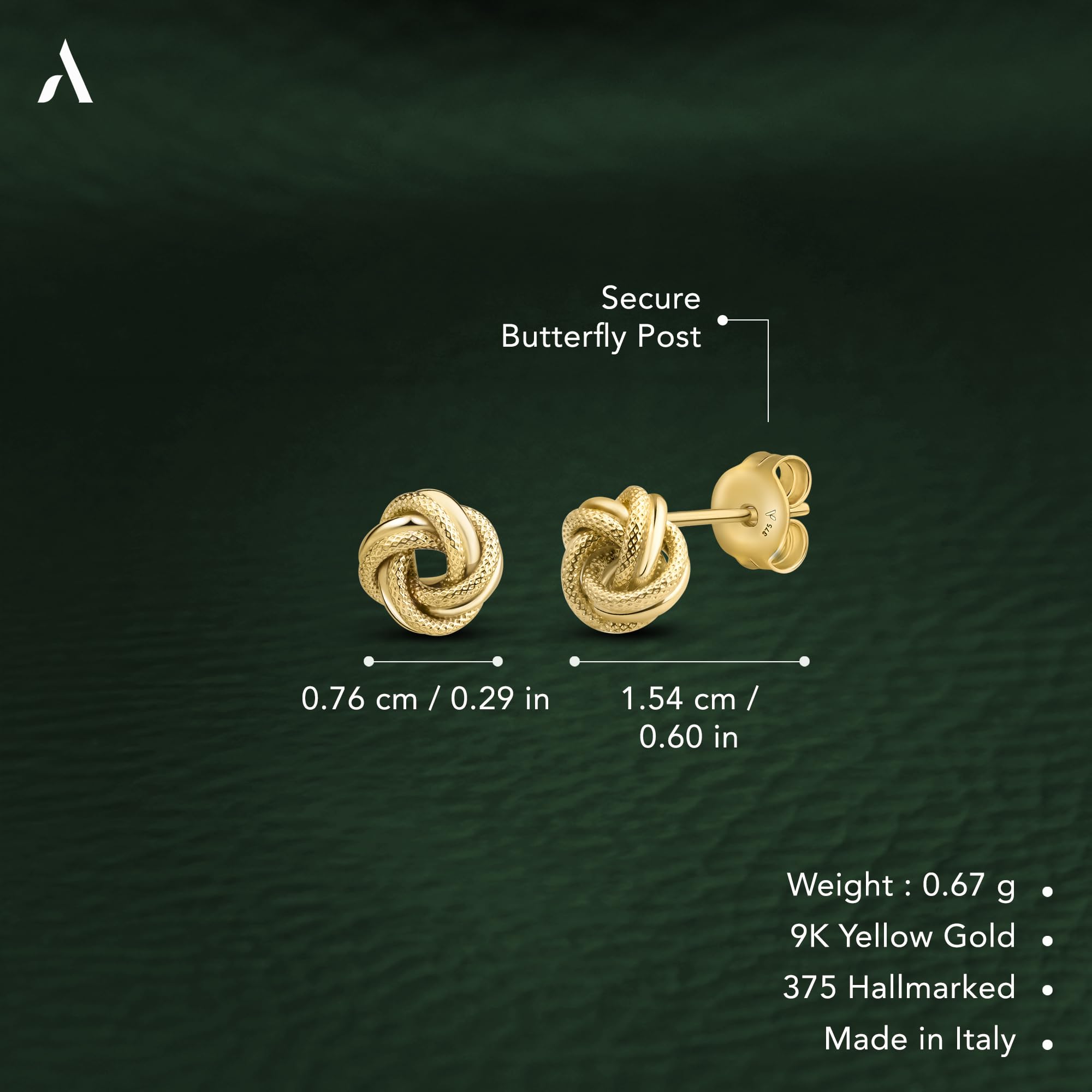 Amberta Allure 9K Gold Knot Stud Earrings for Women - Elegant & Hypoallergenic Jewelry for Everyday Wear, Parties & Gifts
