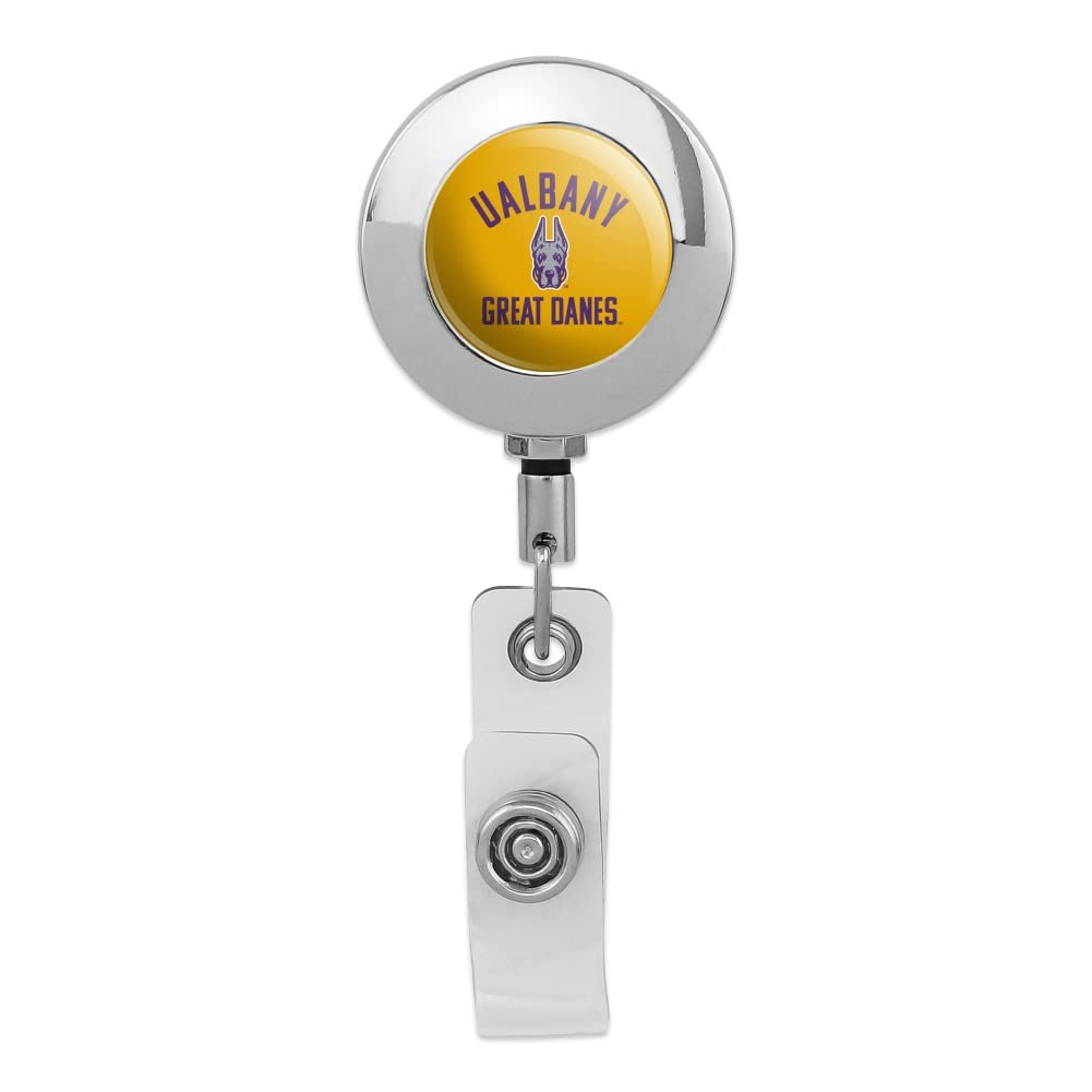 Albany Great Danes Retractable ID Badge Holder - Chrome Metal Clip for Work & Campus