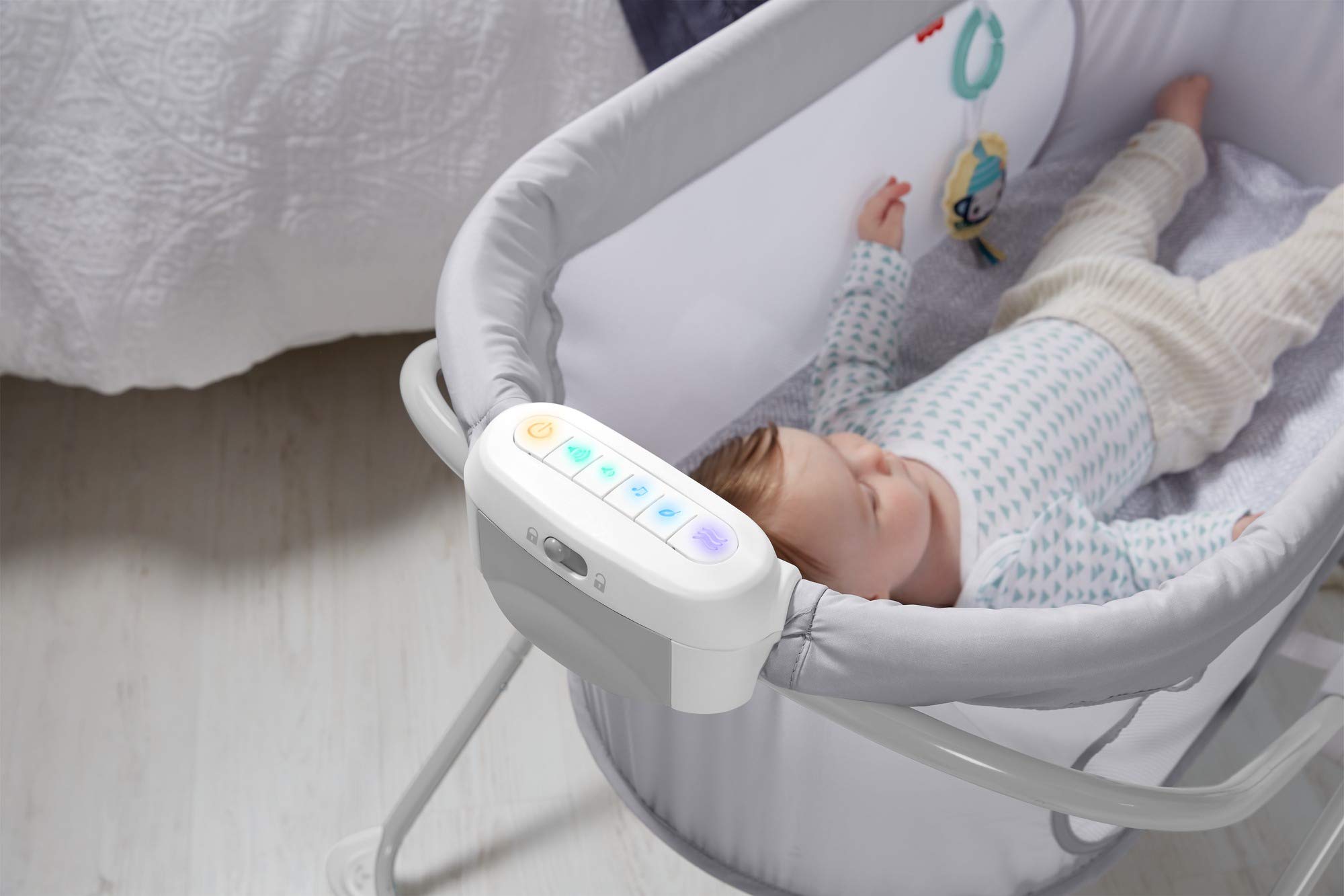 Fisher-Price Portable Baby Crib with Soothing Vibration & Music - Slim Fold Travel Bassinet for Newborns 0+ Months | Hearthstone Design | Perfect for Nursery, Bedroom & On-the-Go Parenting