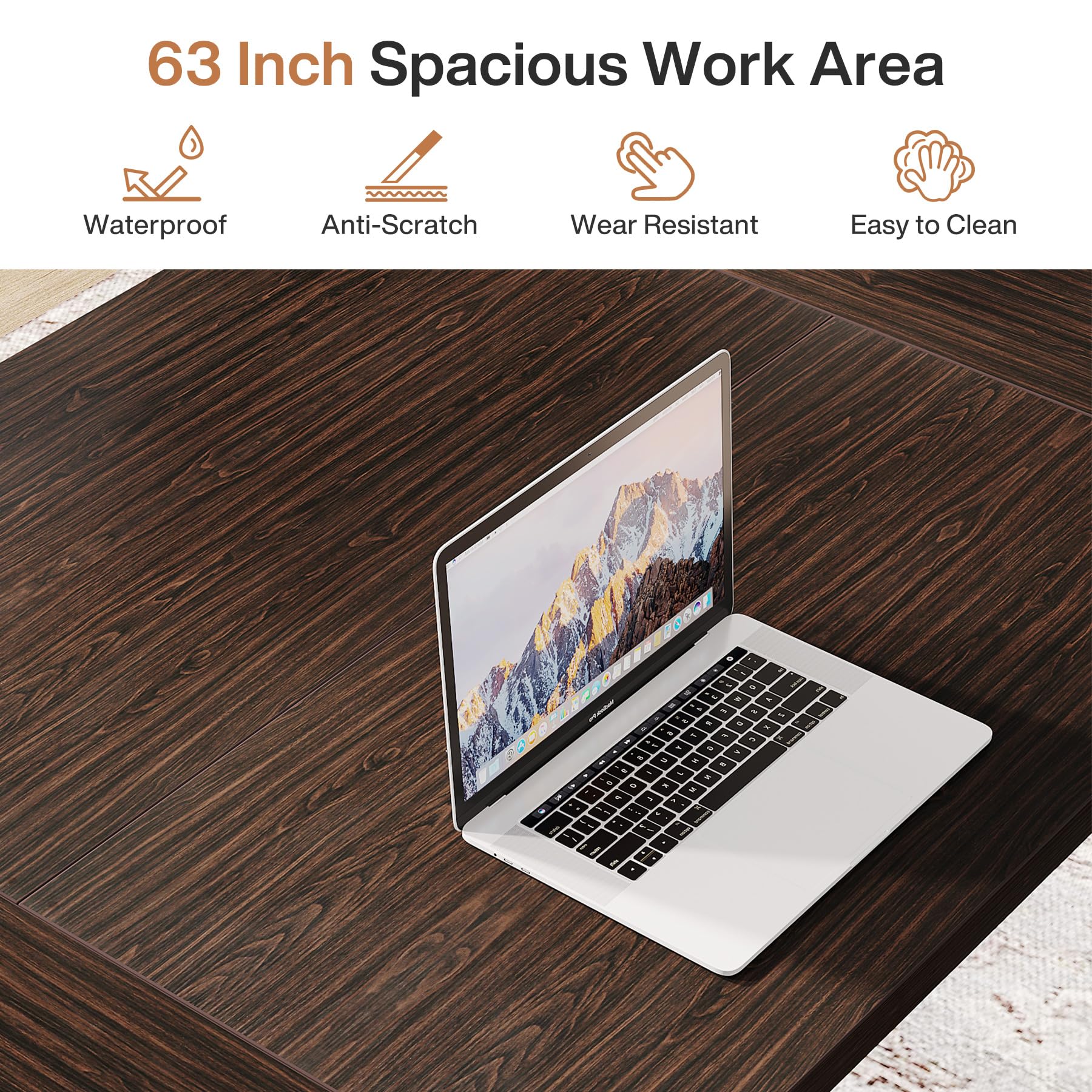Tribesigns 63 Inch Executive Desk - Large Office Computer Desk with Thick Wooden Tabletop & Sturdy Metal Frame, Modern Minimalist Workstation for Home Office, Study & Writing (Walnut Brown) - Perfect for Remote Work, Online Classes & Home Office Setup