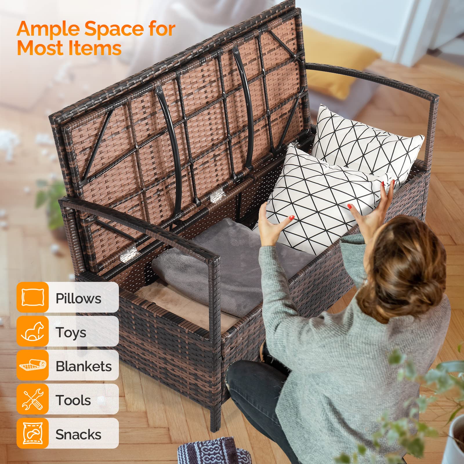 VINGLI 40 Gallon Outdoor Storage Bench with Cushion - Wicker Rattan Deck Box & Patio Sofa Bench for Porch, Yard, Garden - Weather-Resistant Brown Storage Solution for Outdoor Cushions, Pool Toys & Gardening Tools