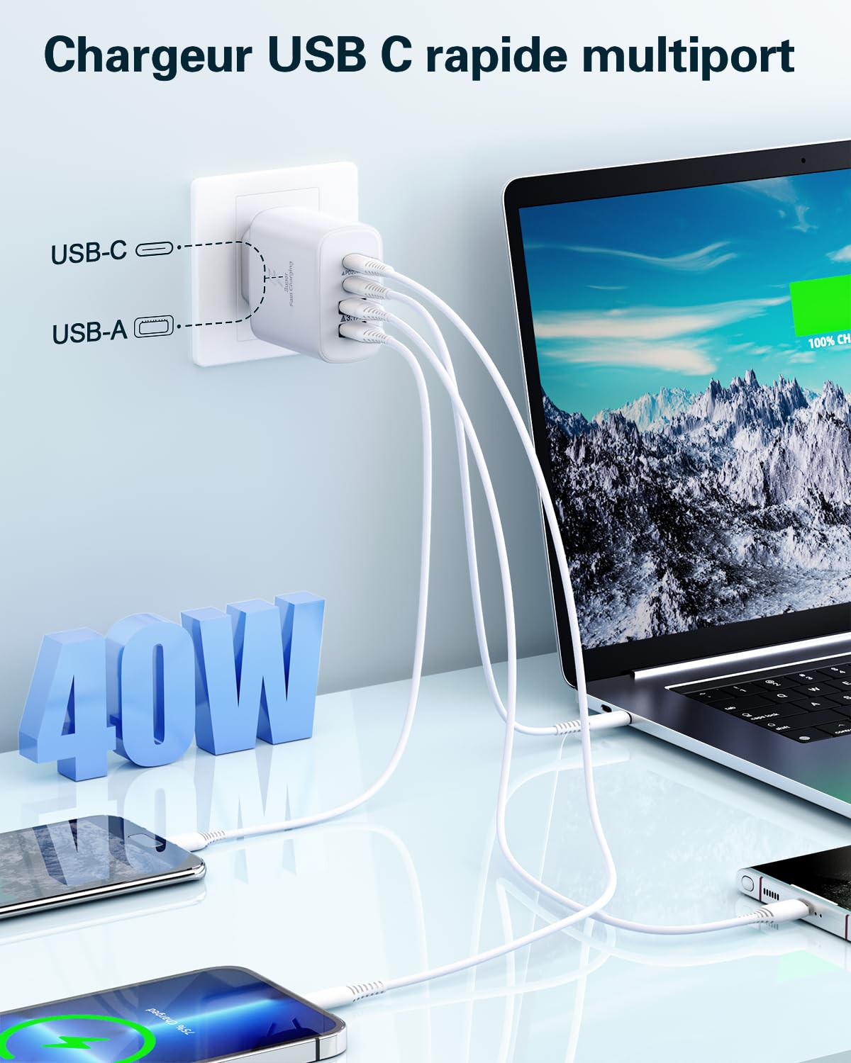 40W 4-Port USB C Fast Charger with Dual PD+QC Ports - Compatible with iPhone 16/15/14/13/12/11/Pro Max, Samsung, iPad, Tablets - Perfect for Home, Office & Travel Charging Needs
