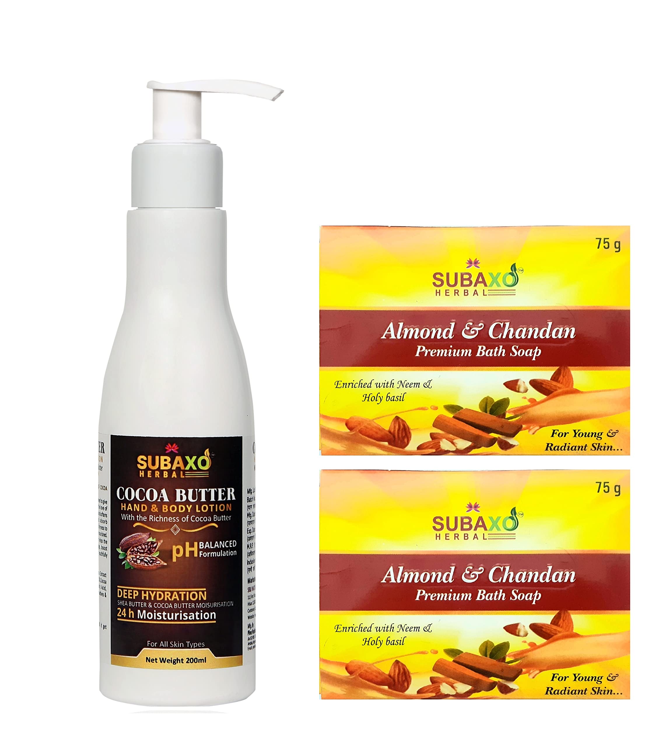 SUBAXO Cocoa Butter Herbal Body Lotion for Dry Skin - Deep Hydrating Moisturizer (200ml) with Almond & Sandalwood Soap (75g x 2) - Skincare Gift Set for Women & Men | Perfect for Daily Use, Spa Day & Travel Essentials
