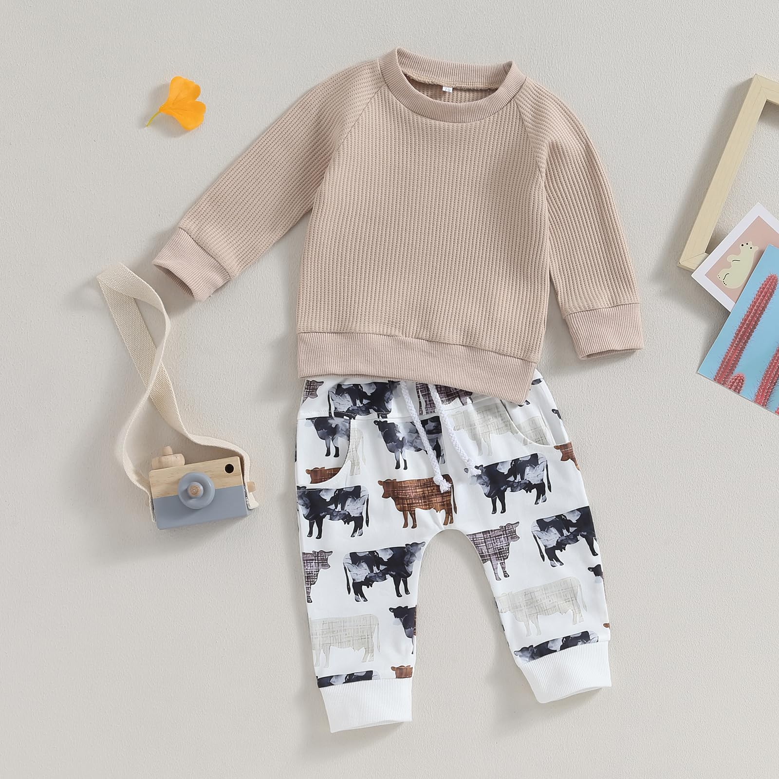 Muasaaluxi Western Cow Print Baby Boy Outfit - Long Sleeve Waffle Crewneck Sweatshirt & Jogger Pants Set for Fall Winter | Cute Cowboy Style for Photoshoots, Birthday Parties & Holiday Dressing
