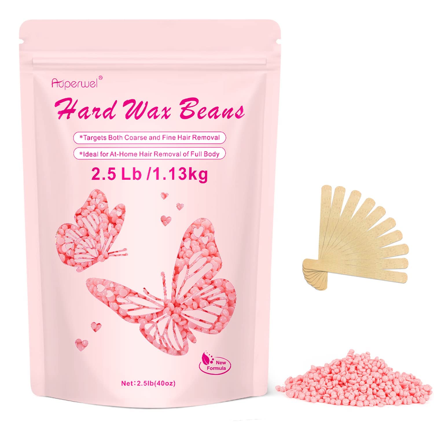 Auperwel 2.5lb Hard Wax Beads for Hair Removal - Sensitive Skin Formula with 20 Applicator Sticks | Brazilian, Bikini, Eyebrow & Body Waxing | Painless Pearl Wax Beads for Professional & Home Wax Warmers Kit (Rose Scented) | Perfect for Salon, Spa & At-Home Hair Removal Treatments