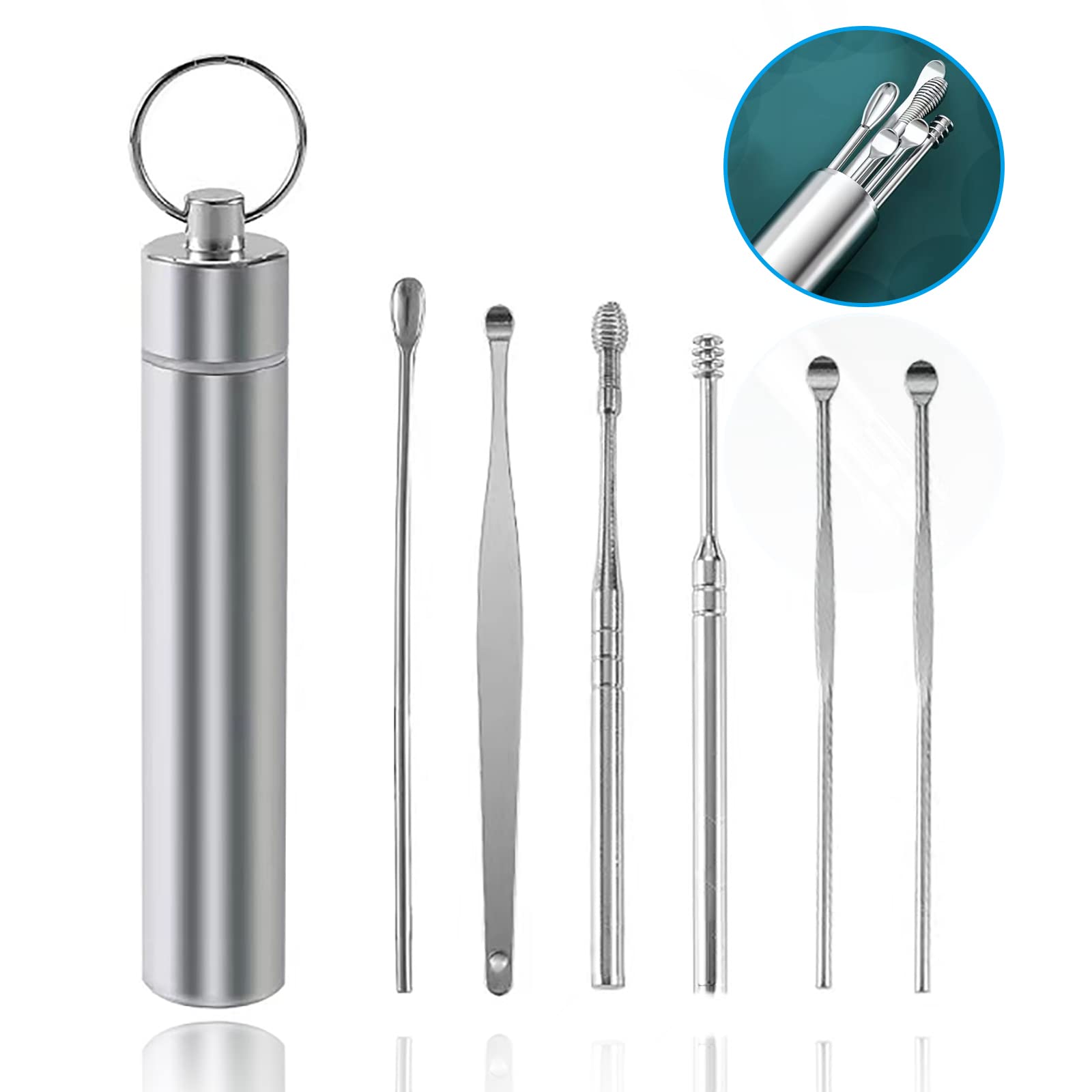 7PCS Professional Ear Wax Removal Kit - Reusable Spiral Ear Cleaner Tools with Curette for Safe Earwax Removal at Home, Travel & Clinic Use