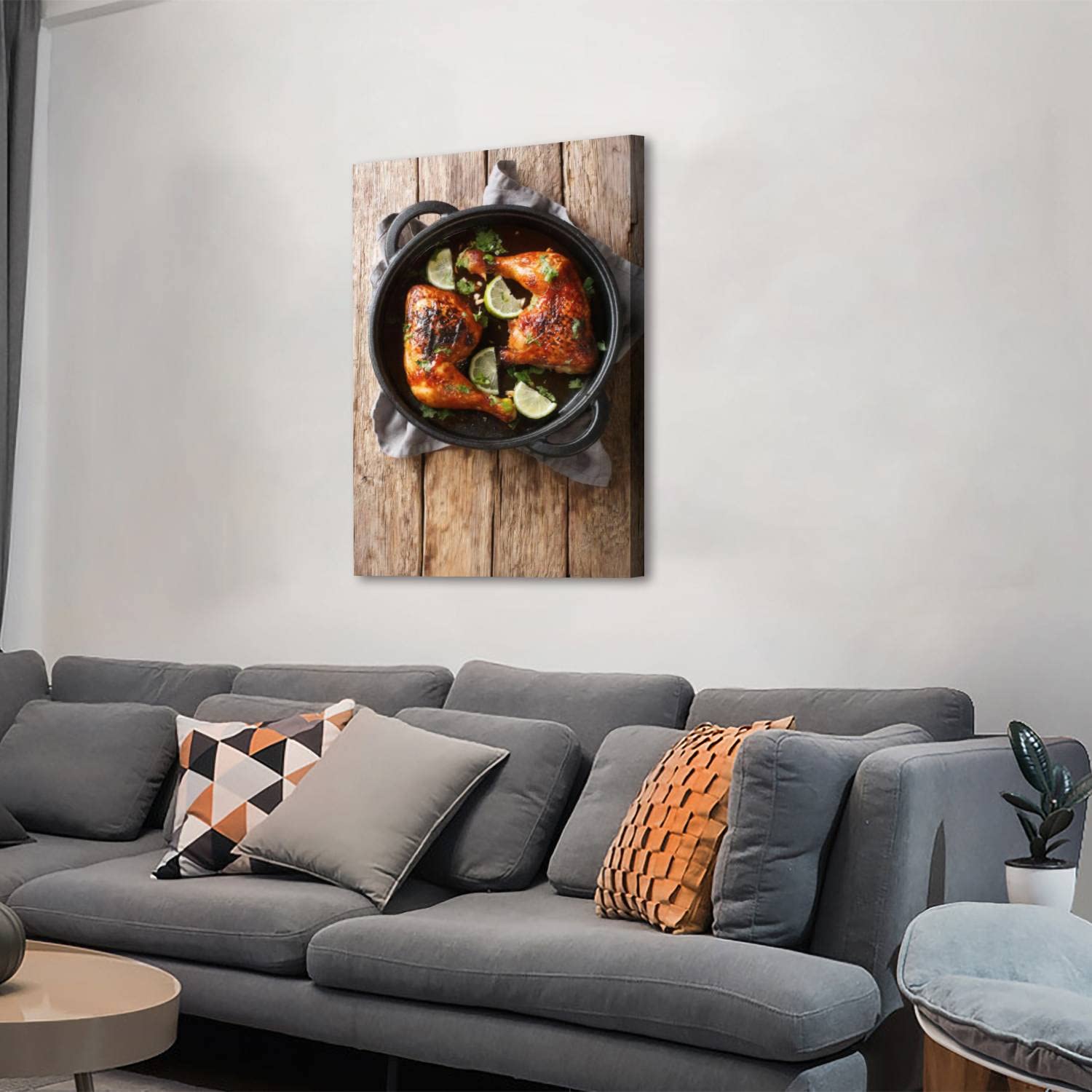 Premium Framed Canvas Wall Art - Tamarind Chicken Quarter Leg with Lime in Frying Pan Vertical Kitchen Decor | Large 24x36 Inch Ready to Hang Painting for Living Room, Bedroom & Dining Room | Perfect for Foodie Home Decor & Restaurant Wall Art