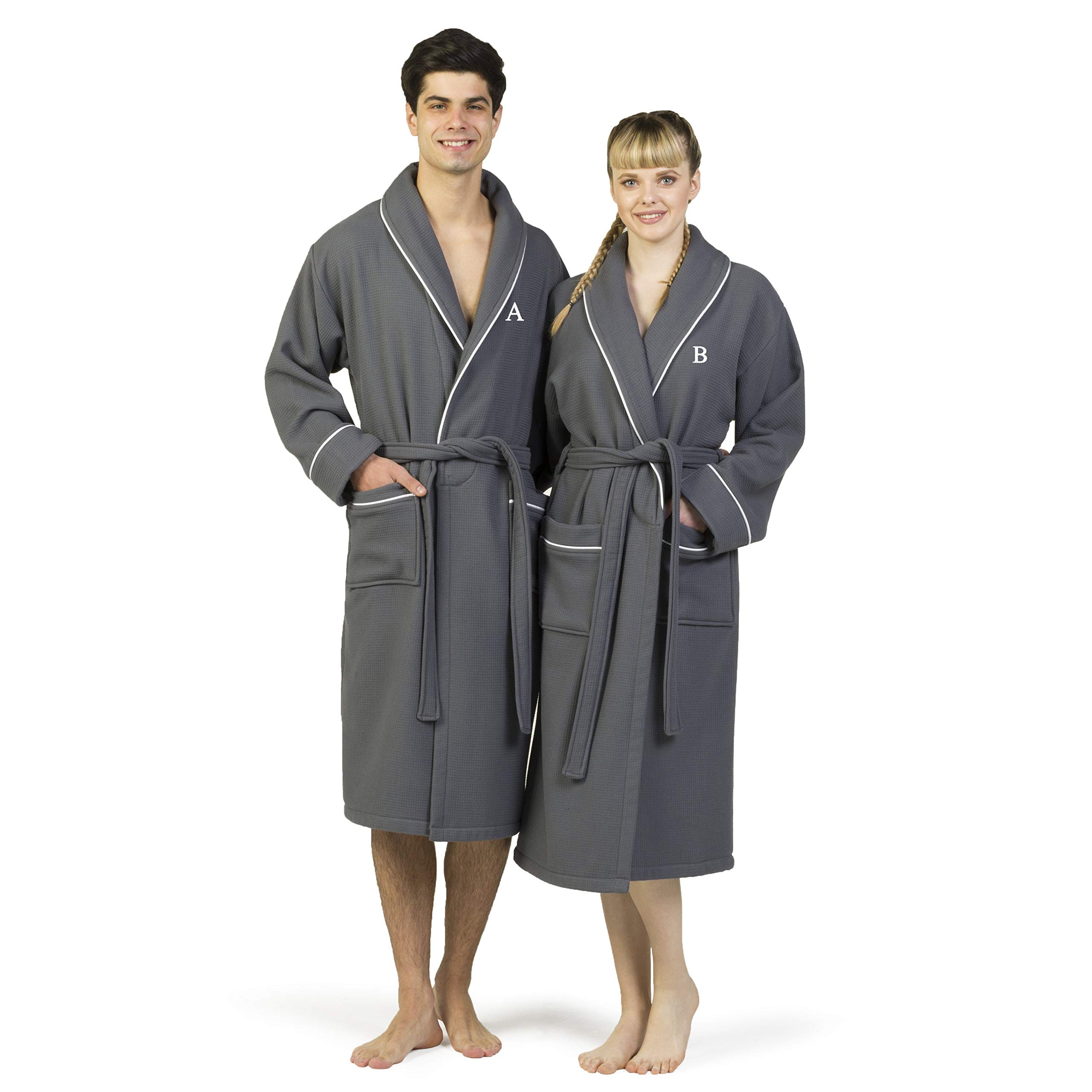 Premium Dark Grey Unisex Turkish Cotton Waffle Weave Terry Bathrobe with White Block Monogram - Soft & Absorbent - Size S/M - Perfect for Spa, Hotels & Relaxing at Home