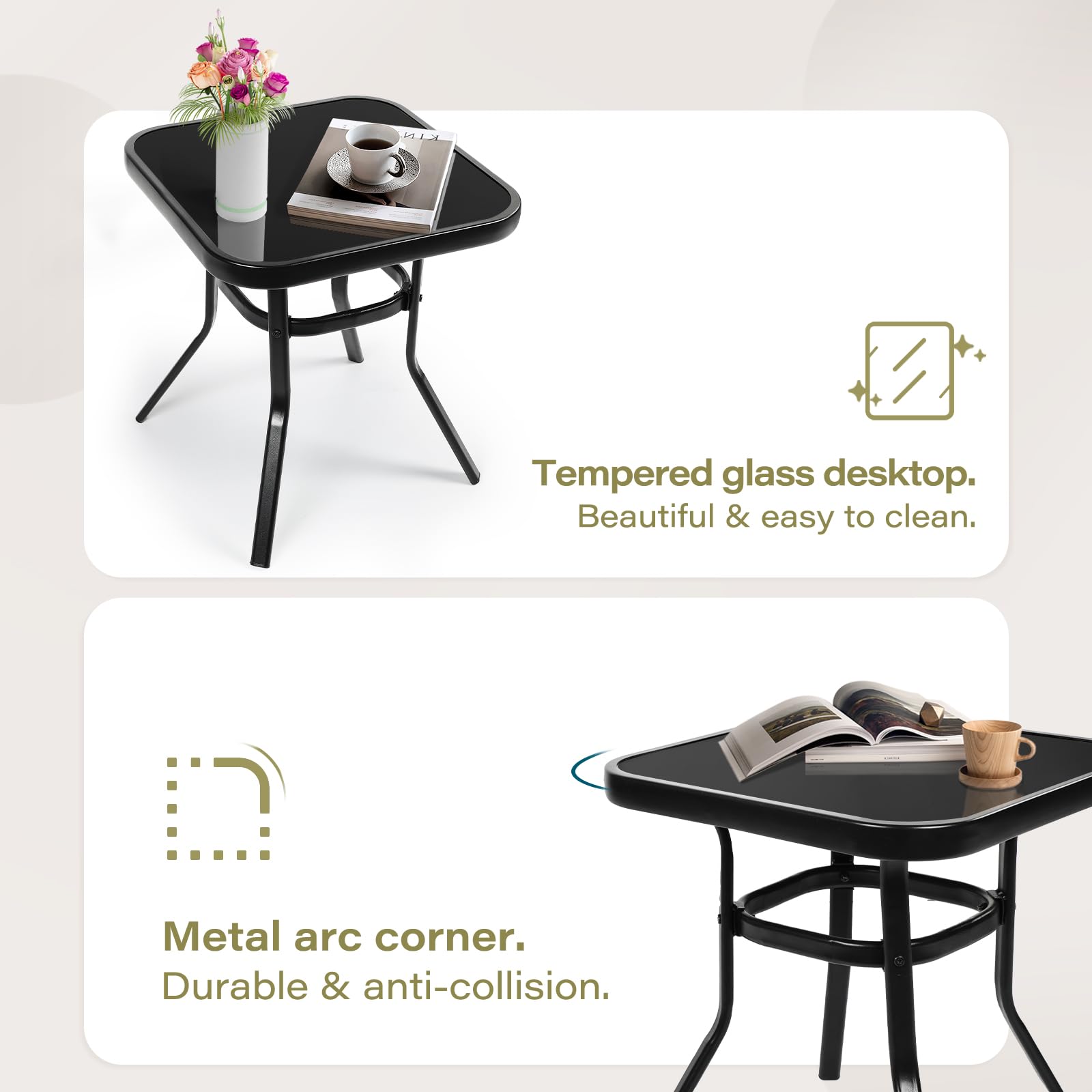 SOLAURA 3-Piece Outdoor Rocking Chair Set with Cushions - Black Iron Patio Bistro Furniture with Glass-Top Coffee Table - Perfect for Garden, Porch & Backyard Relaxation