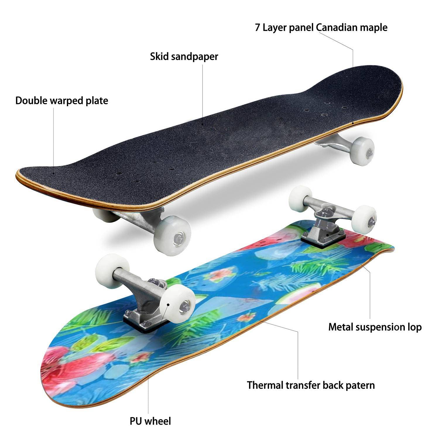 Watercolor Tropical Skateboard - Classic Concave Longboard for Beginners & Pros | Extreme Sports & Teen Gifts | Perfect for Street Skating, Commuting & Skatepark Tricks