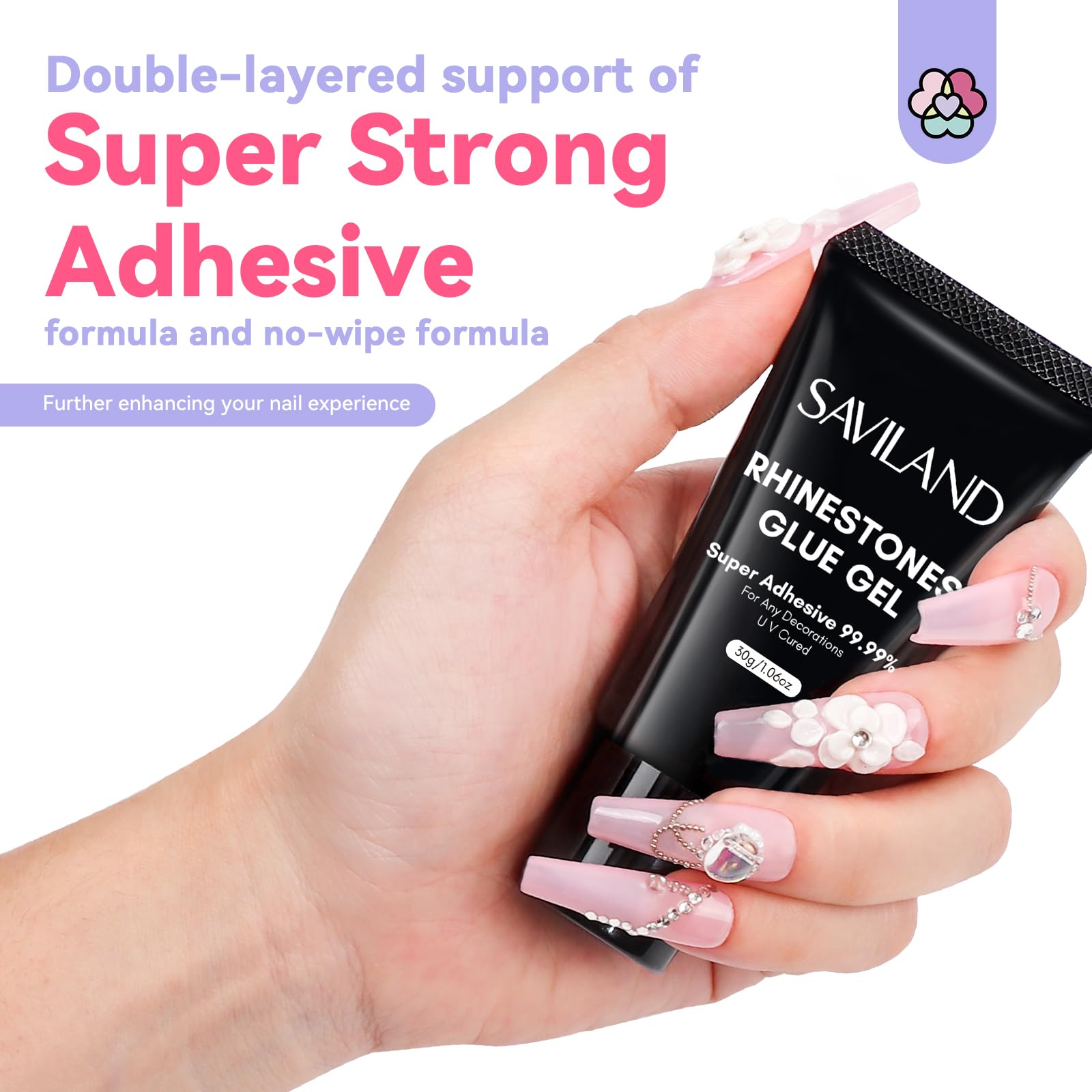 SAVILAND Rhinestone Glue for Nails - Super Strong 30g Nail Art Adhesive with Rhinestone Picker & Tweezers - Long Lasting Nail Glue for 3D Gems, Charms and Big Decorations - Perfect for DIY Nail Art, Salon Professionals and Home Manicures
