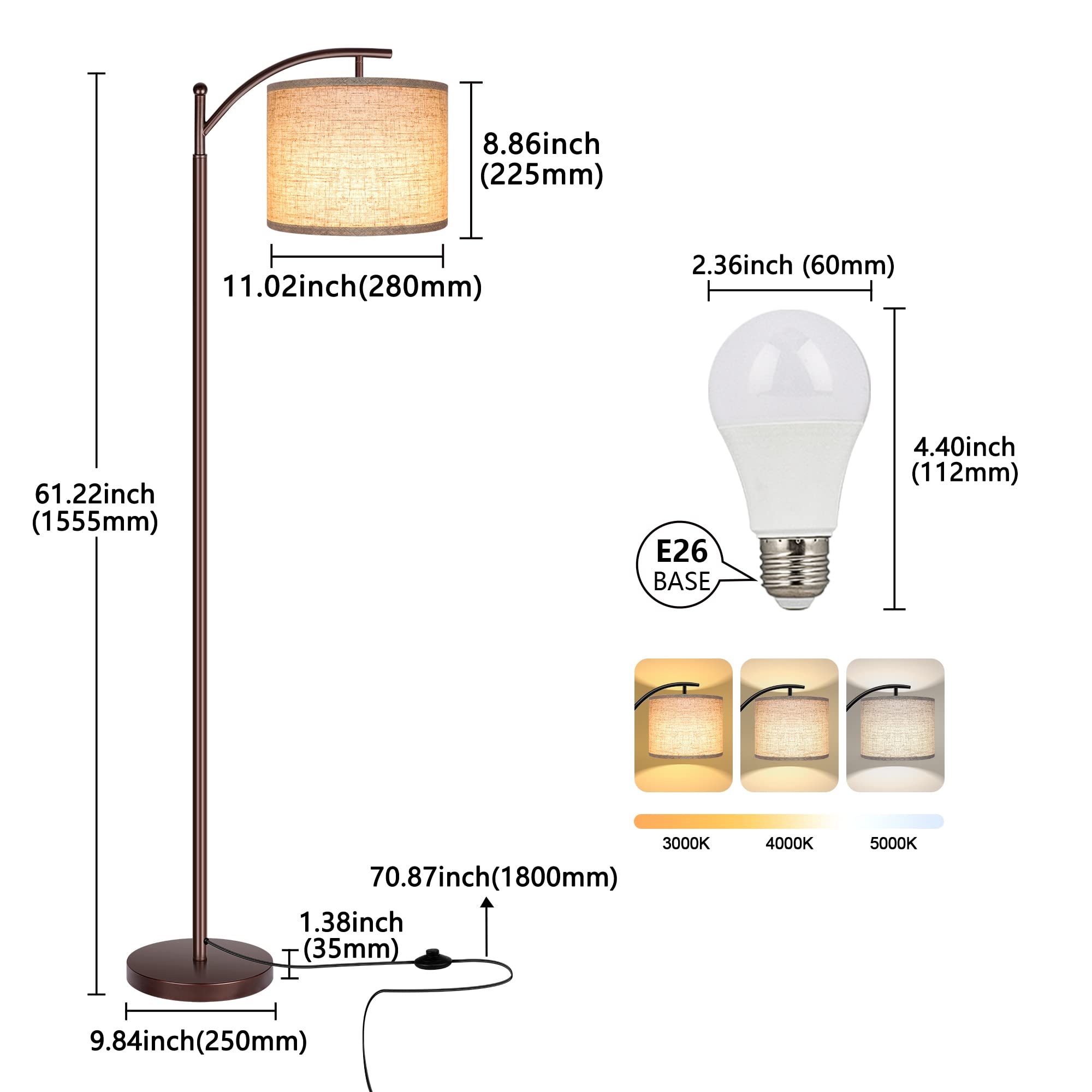 Rottogoon Industrial Floor Lamp - 9W LED Standing Lamp with Beige Lampshade, Oil-Rubbed Bronze Finish for Living Room, Bedroom, Office - Perfect for Reading, Working & Modern Home Decor