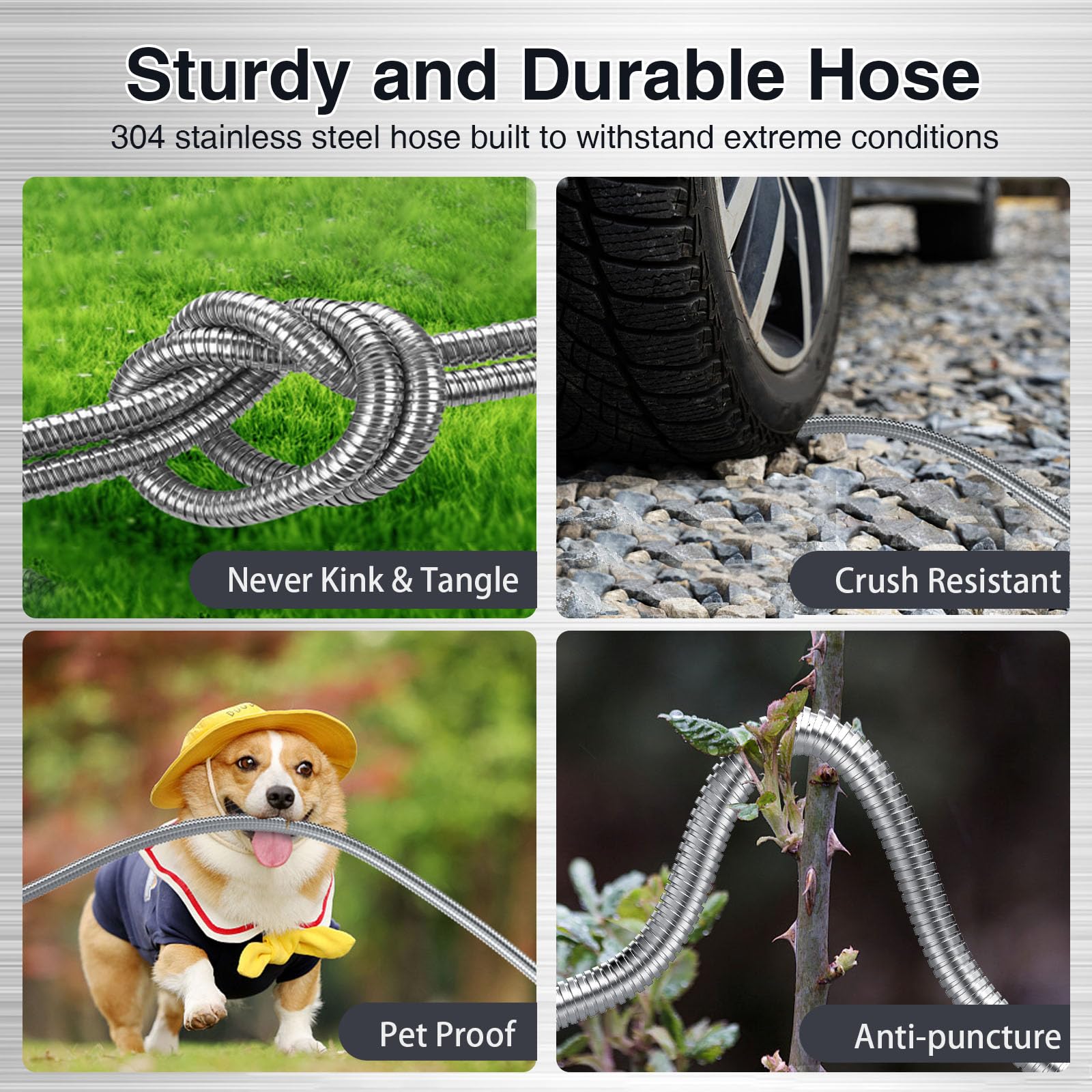 50ft Heavy Duty Metal Garden Hose - Stainless Steel, Kink-Free for Outdoor Yard Use