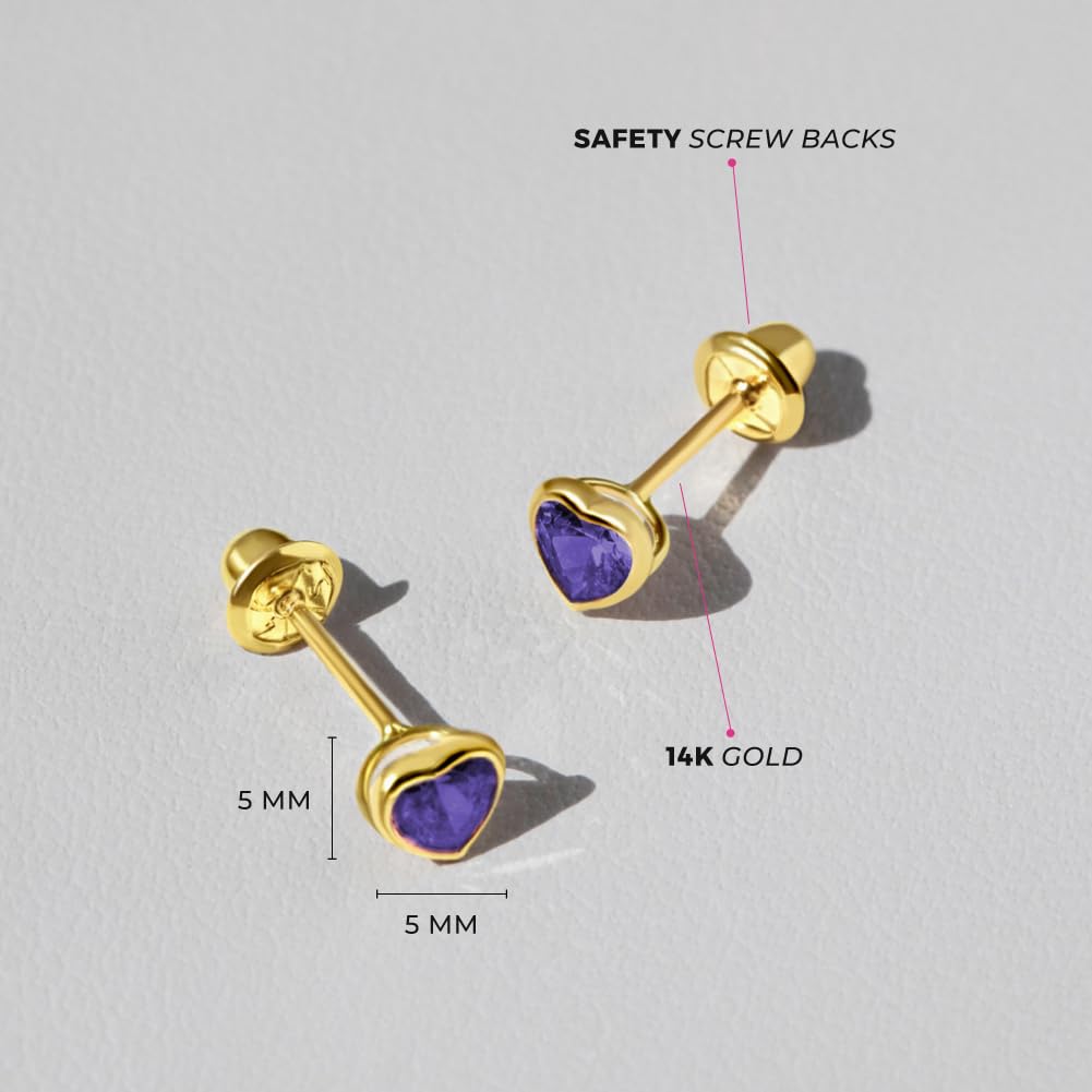 14K Yellow Gold 4mm Bezel Set Heart Cubic Zirconia Screw Back Earrings for Baby Girls, Toddlers & Young Girls - Hypoallergenic Kids Earrings with Secure Locking Screw Backs | First Ear Piercing Gift, Birthday Present, Special Occasion Jewelry