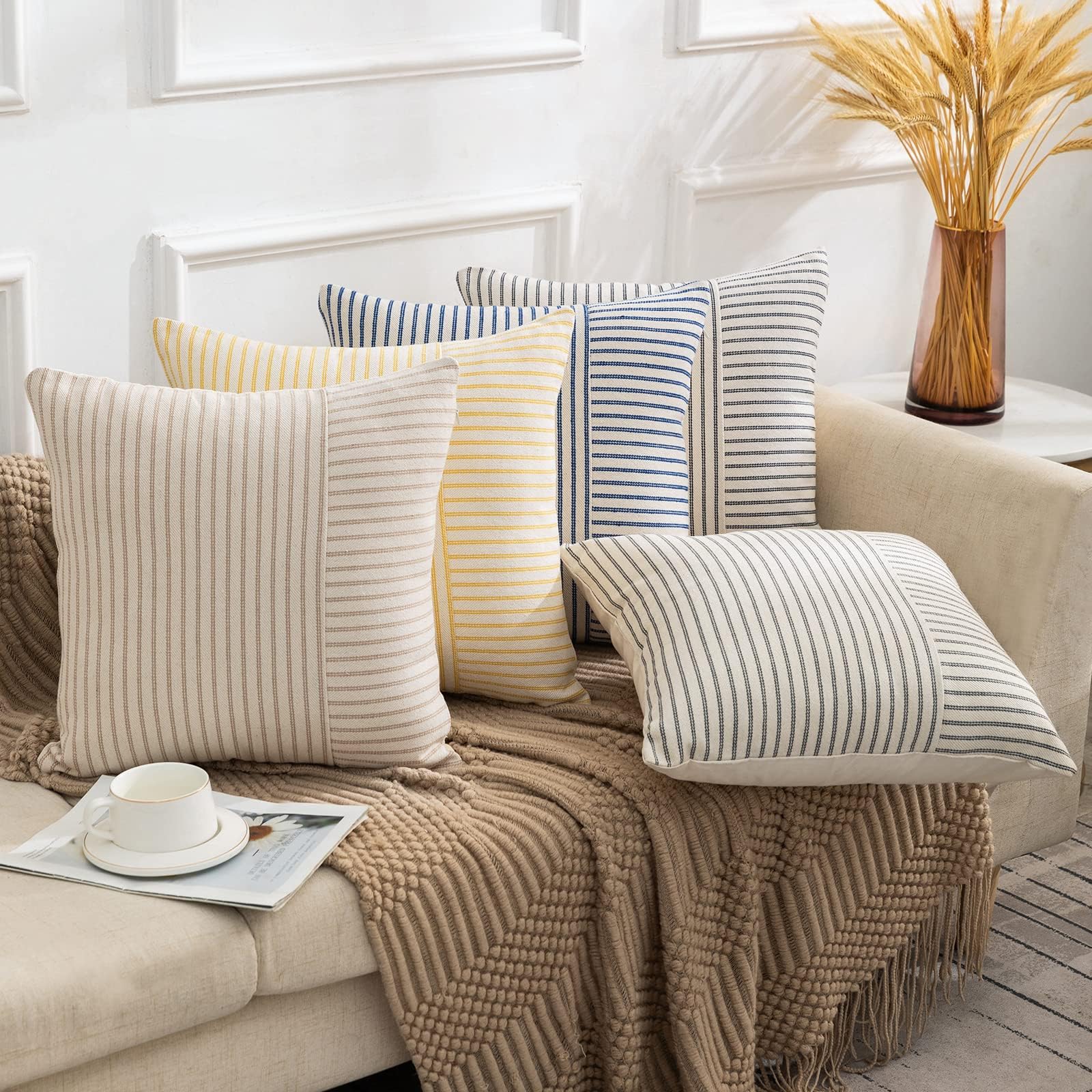 Farmhouse Pillow Covers 18x18 Inch - Set of 2 Modern Square Throw Pillow Covers in Yellow & Beige Striped Linen - Decorative Cushion Covers for Sofa, Chair, Bedroom & Living Room - Cozy Home Accent Pillows