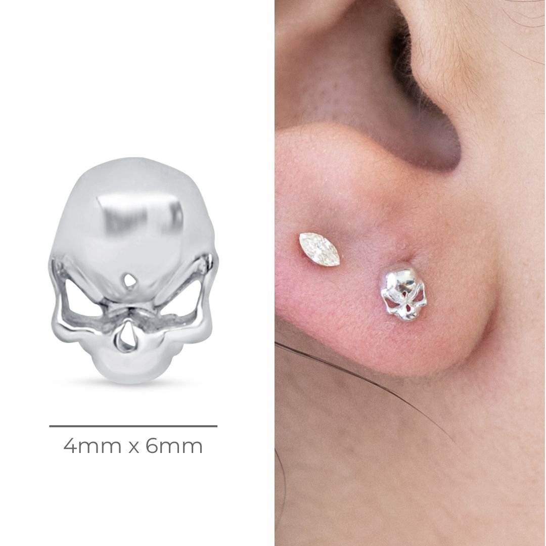 14k White Gold Sassy Skull Flat Back Stud Earrings - Perfect for Gothic, Punk & Alternative Fashion Lovers